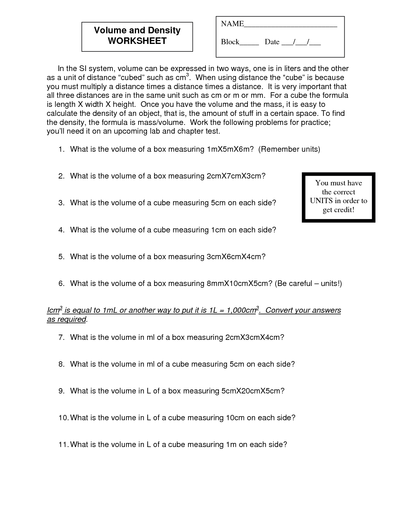 Density Practice Problems Worksheet