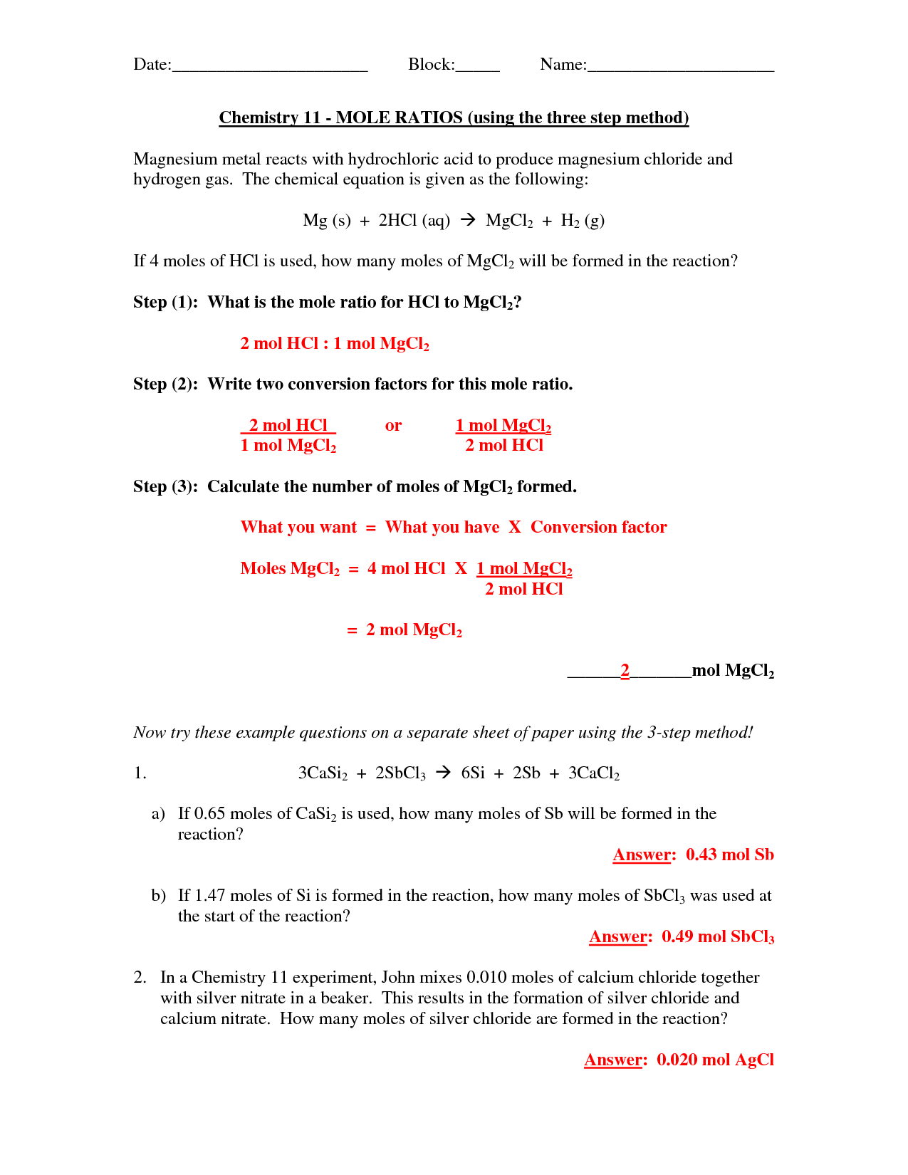 Molarity Worksheet Answer Key