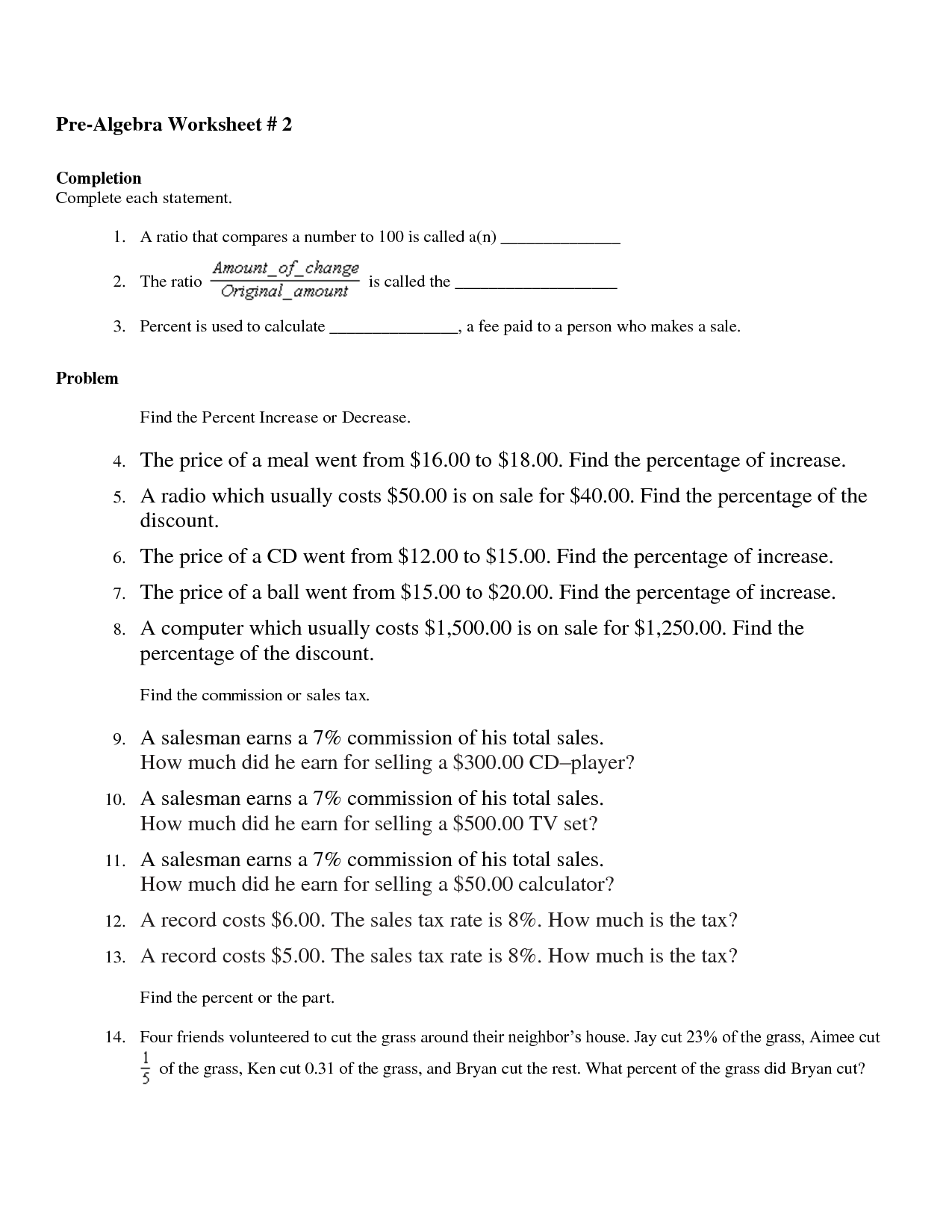 17 Best Images of Percent Increase Or Decrease Worksheet  Percent Tax Tip Discount Word 