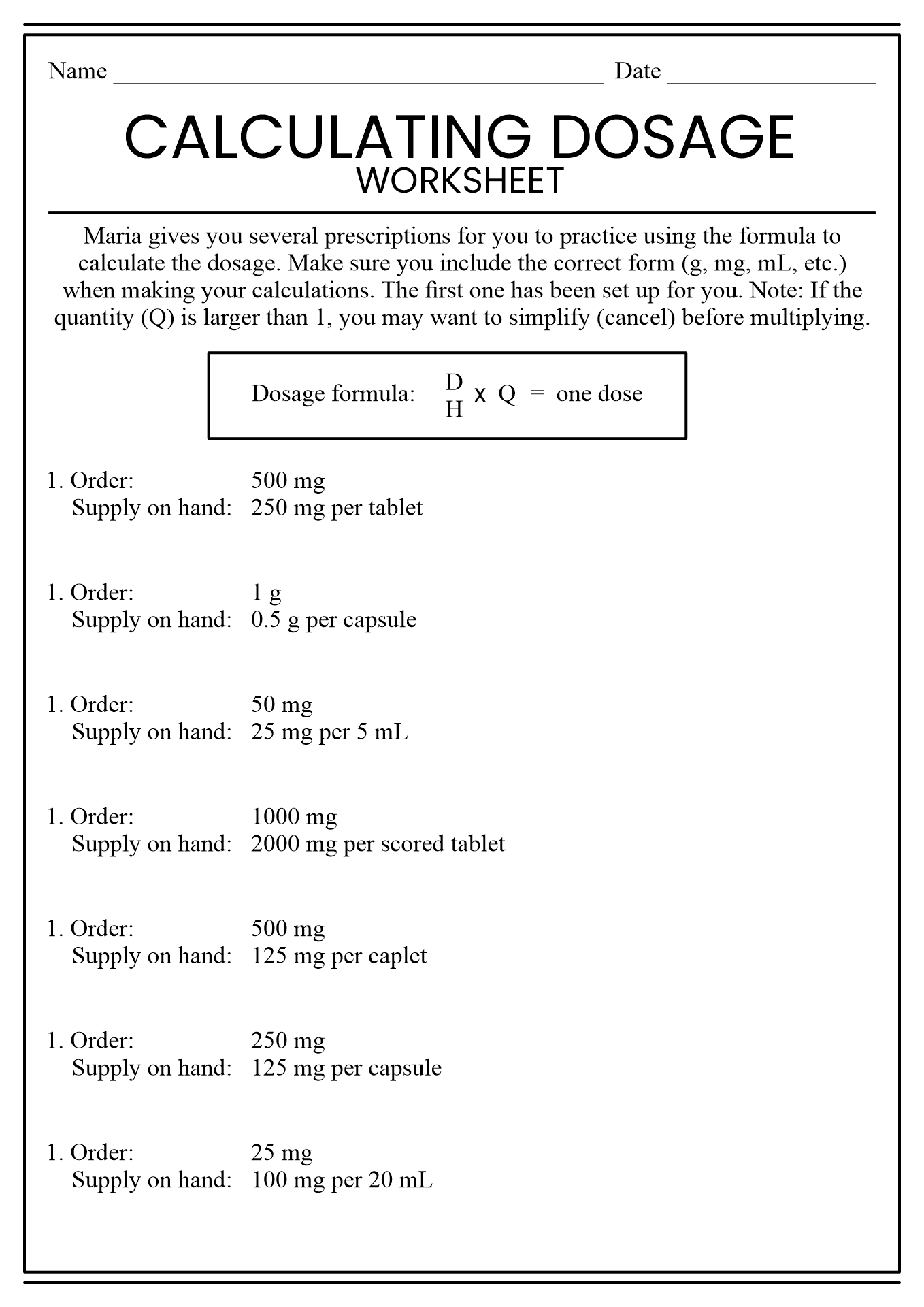 valium iv dilution calculations worksheets