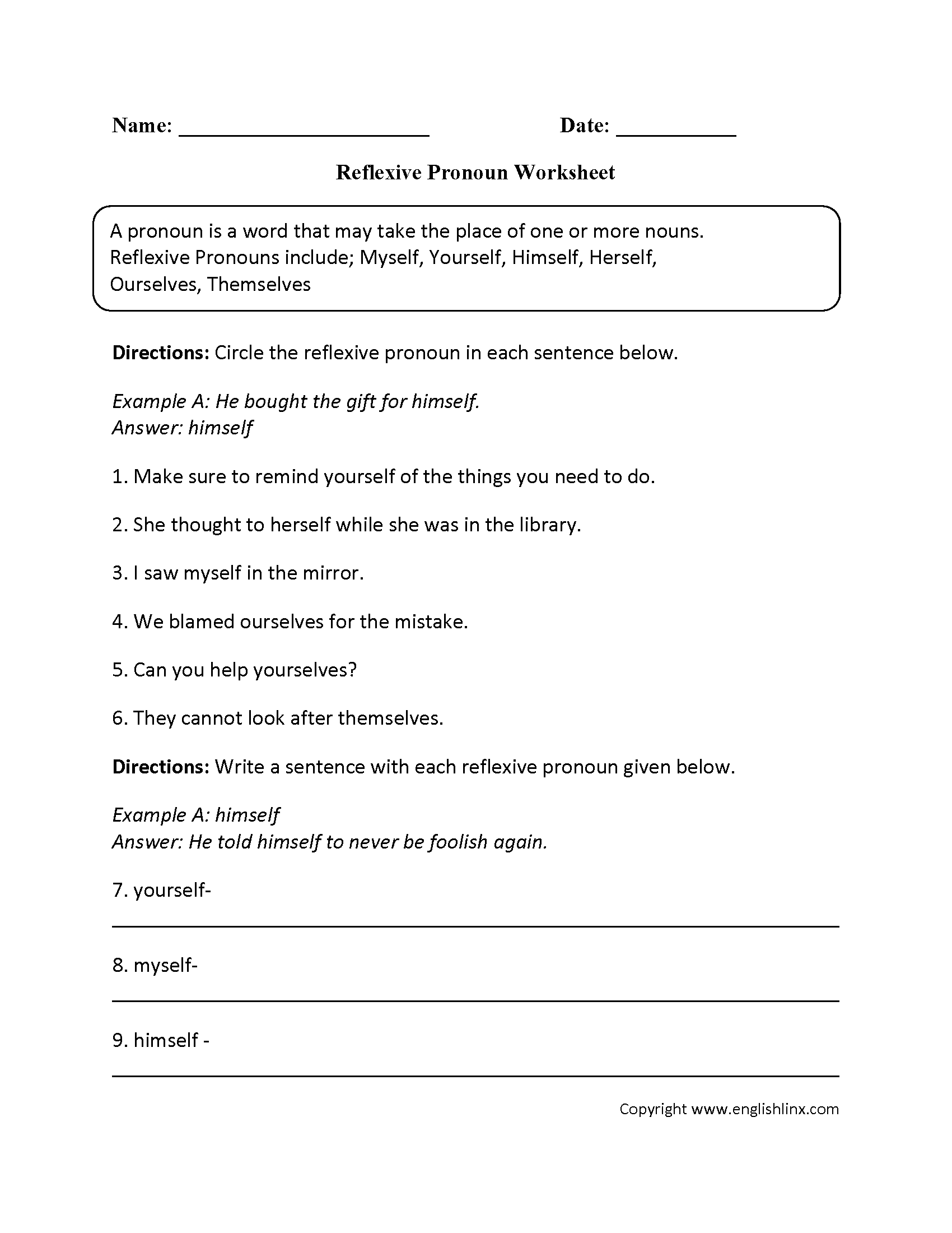 Pronoun Noun Adjective Worksheet 7th Grade