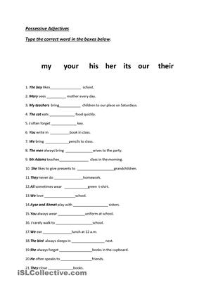 possessive adjectives worksheet spanish worksheets printable pronouns pdf esl pronoun grade practice nouns islcollective worksheeto personal describing subject printables via