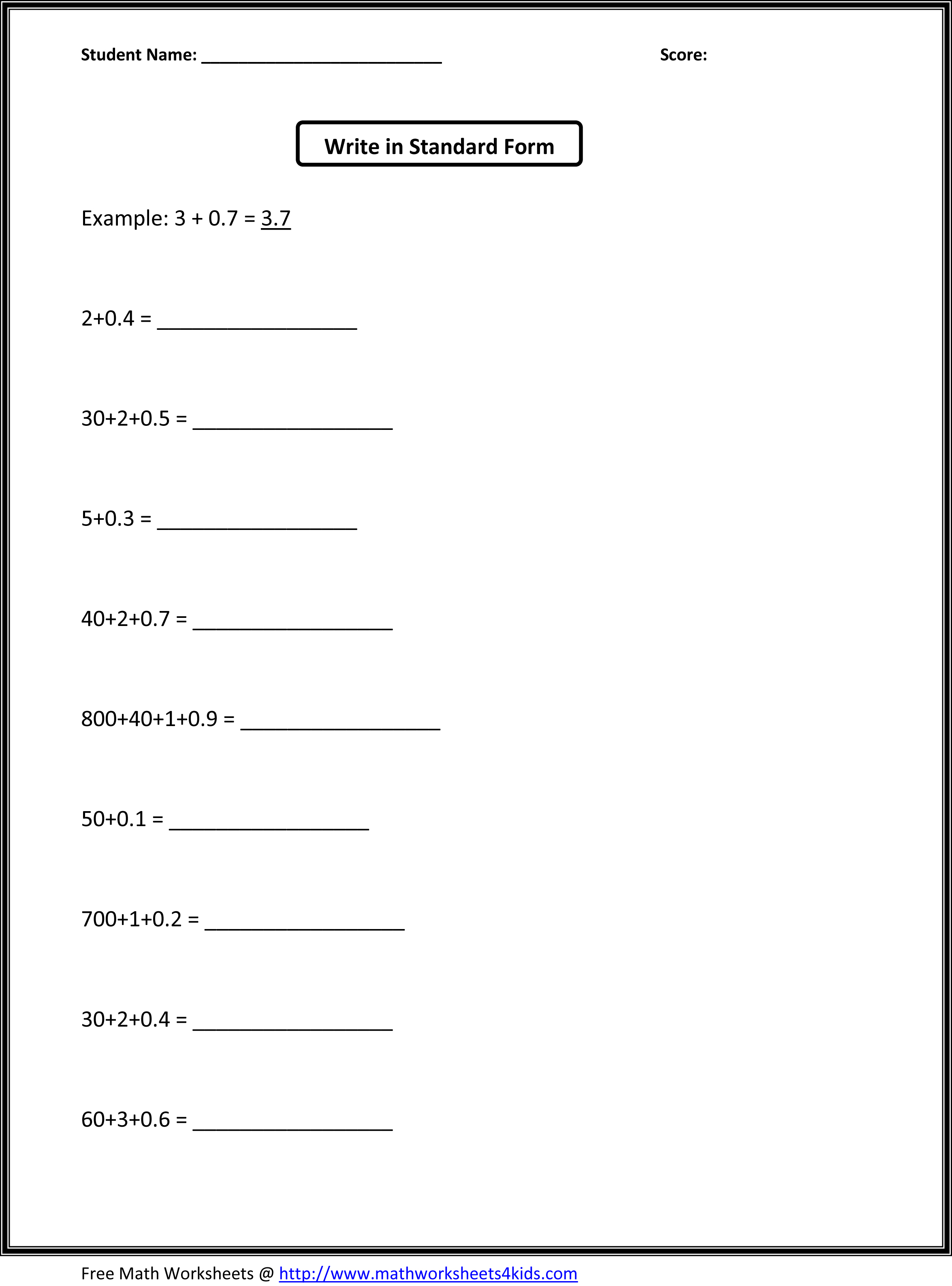 3rd Grade Math Worksheets Decimals