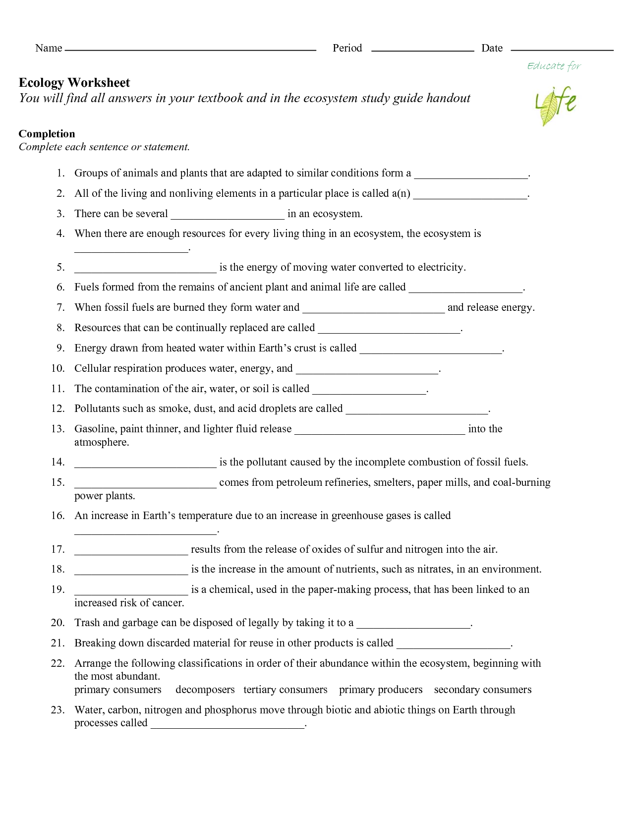 Carbon Cycle Worksheet Answer Key