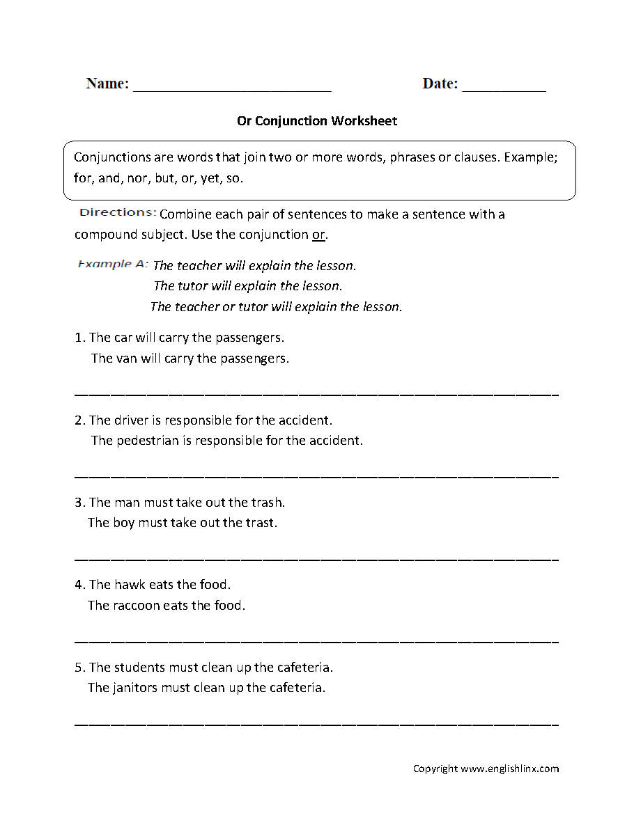 Conjunctions Worksheets For 1st Grade