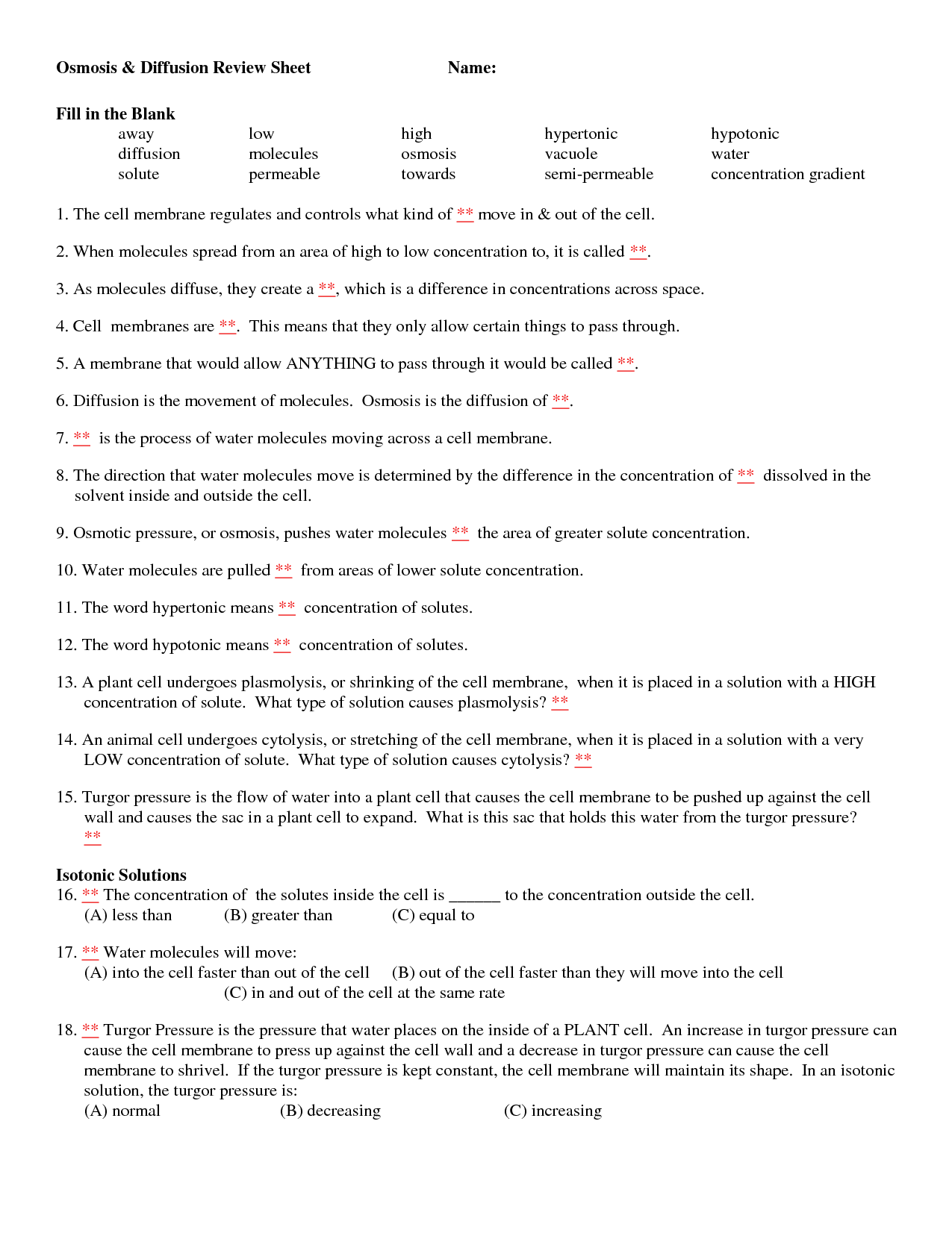 13 Best Images of Diffusion Worksheet Key  Osmosis and Tonicity Worksheet Answer Key, Diffusion 