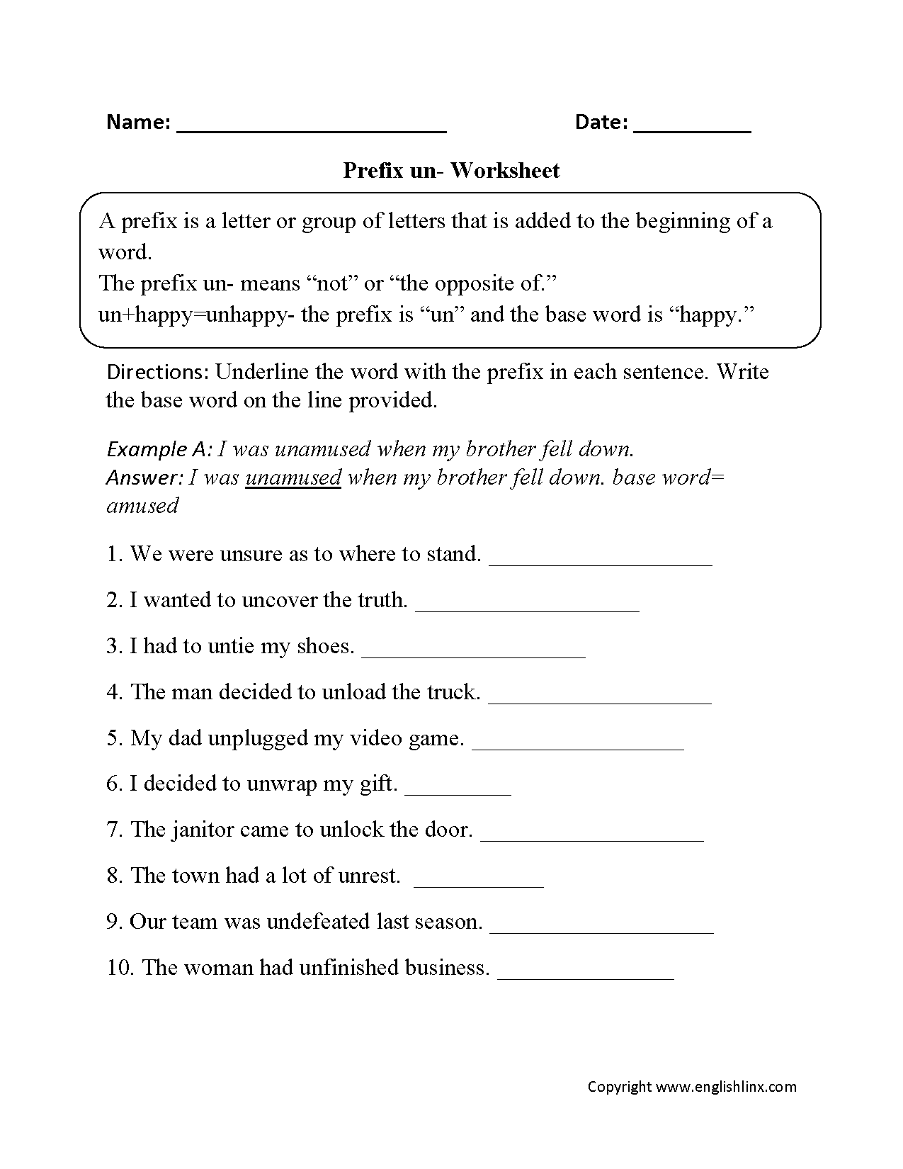 Prefix Un Worksheets