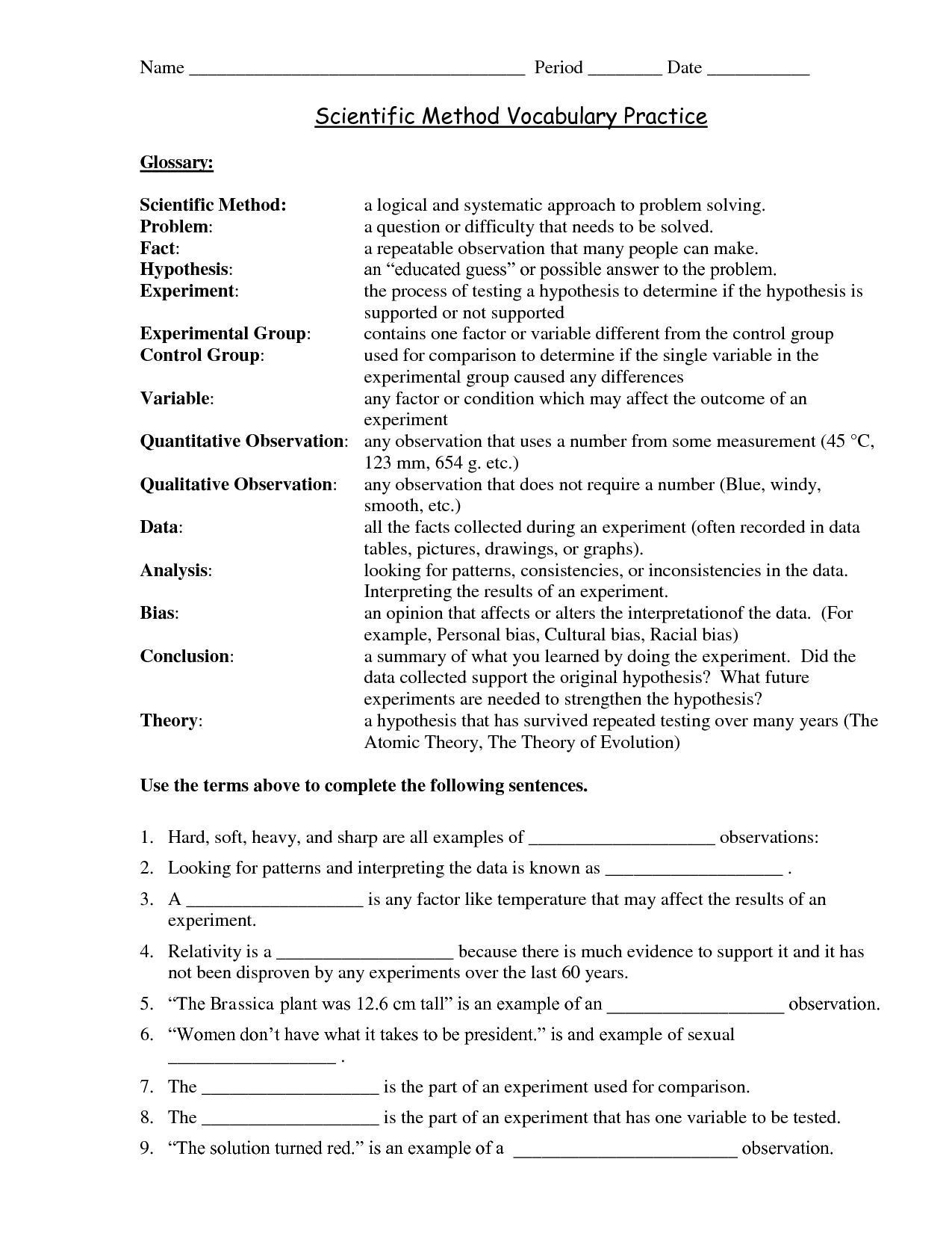 Scientific Method Examples Worksheet