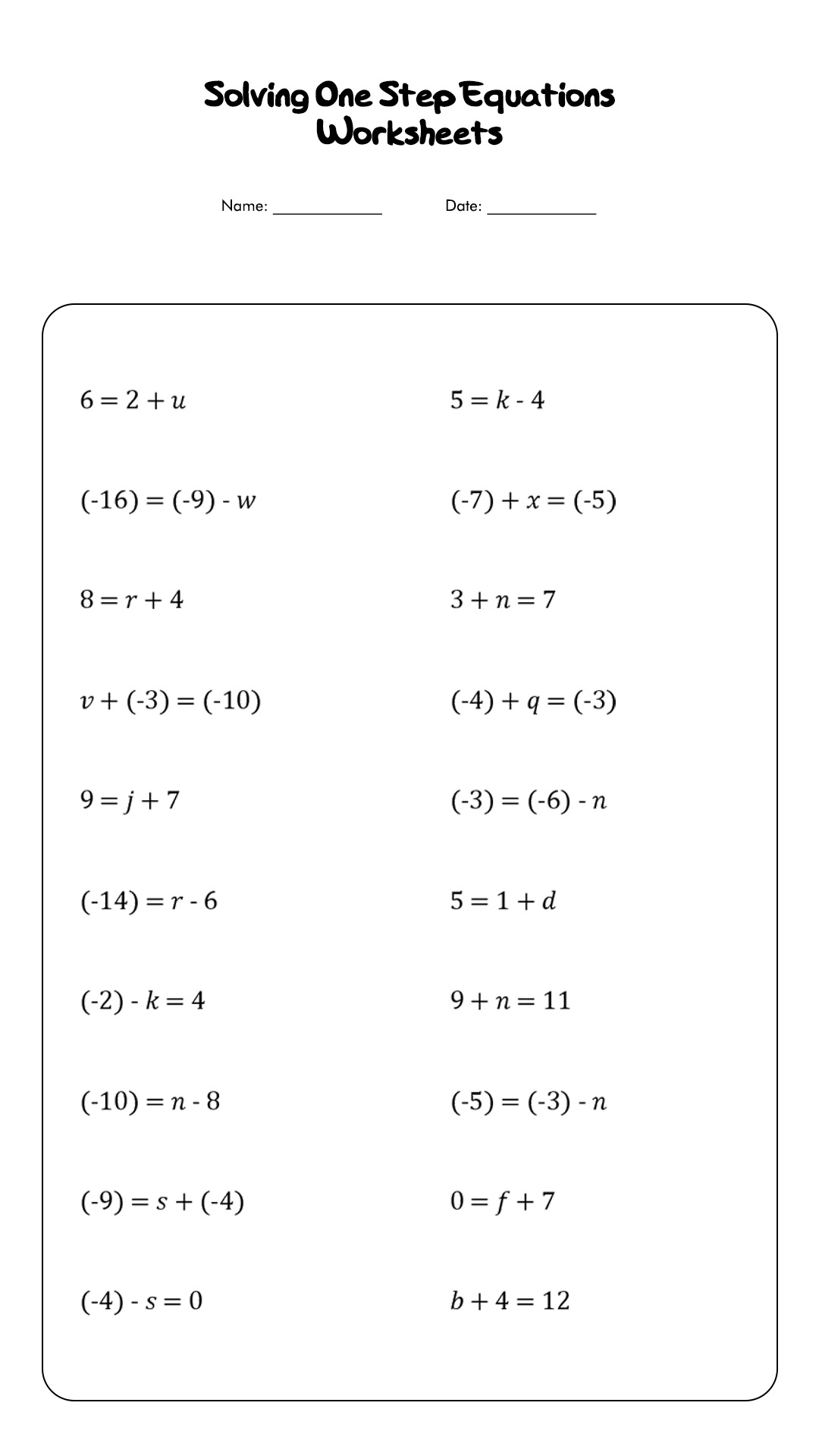 worksheet-one-step-equations