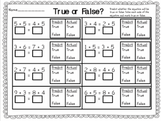 True or False Equations First Grade Worksheet