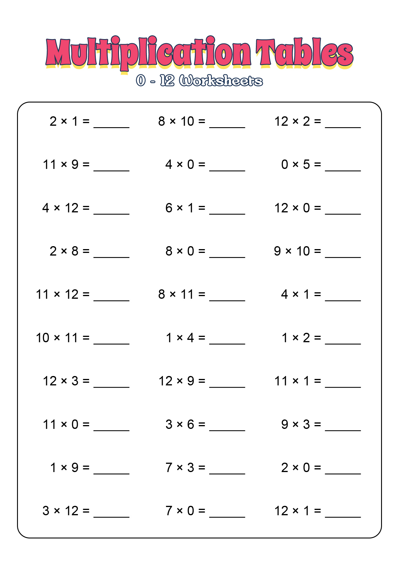 Multiplication Worksheets Through 12