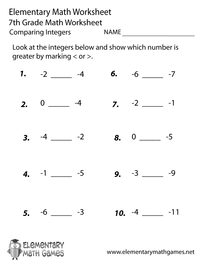 7th Grade Math Worksheets Integers Printable