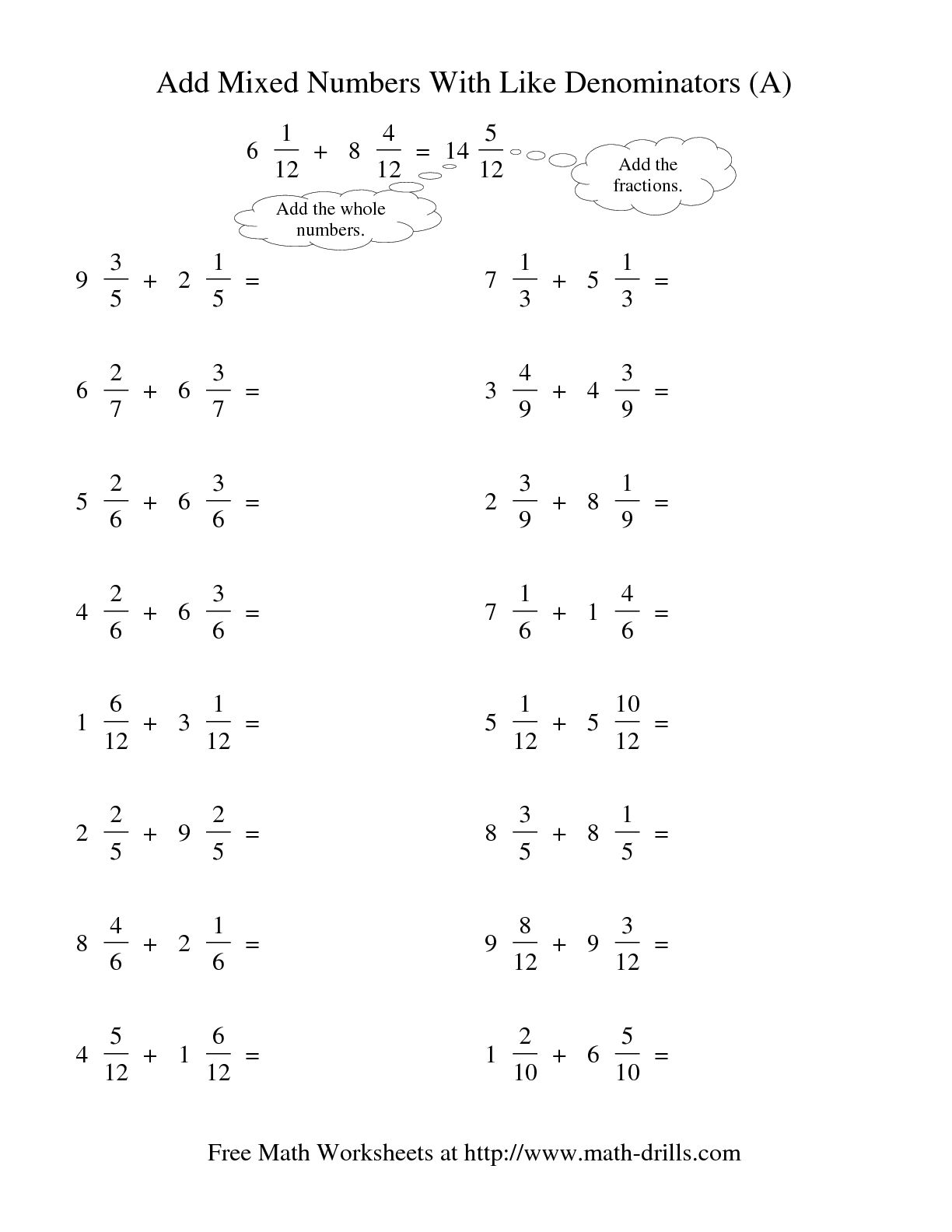 adding fractions with like denominators worksheets_460781