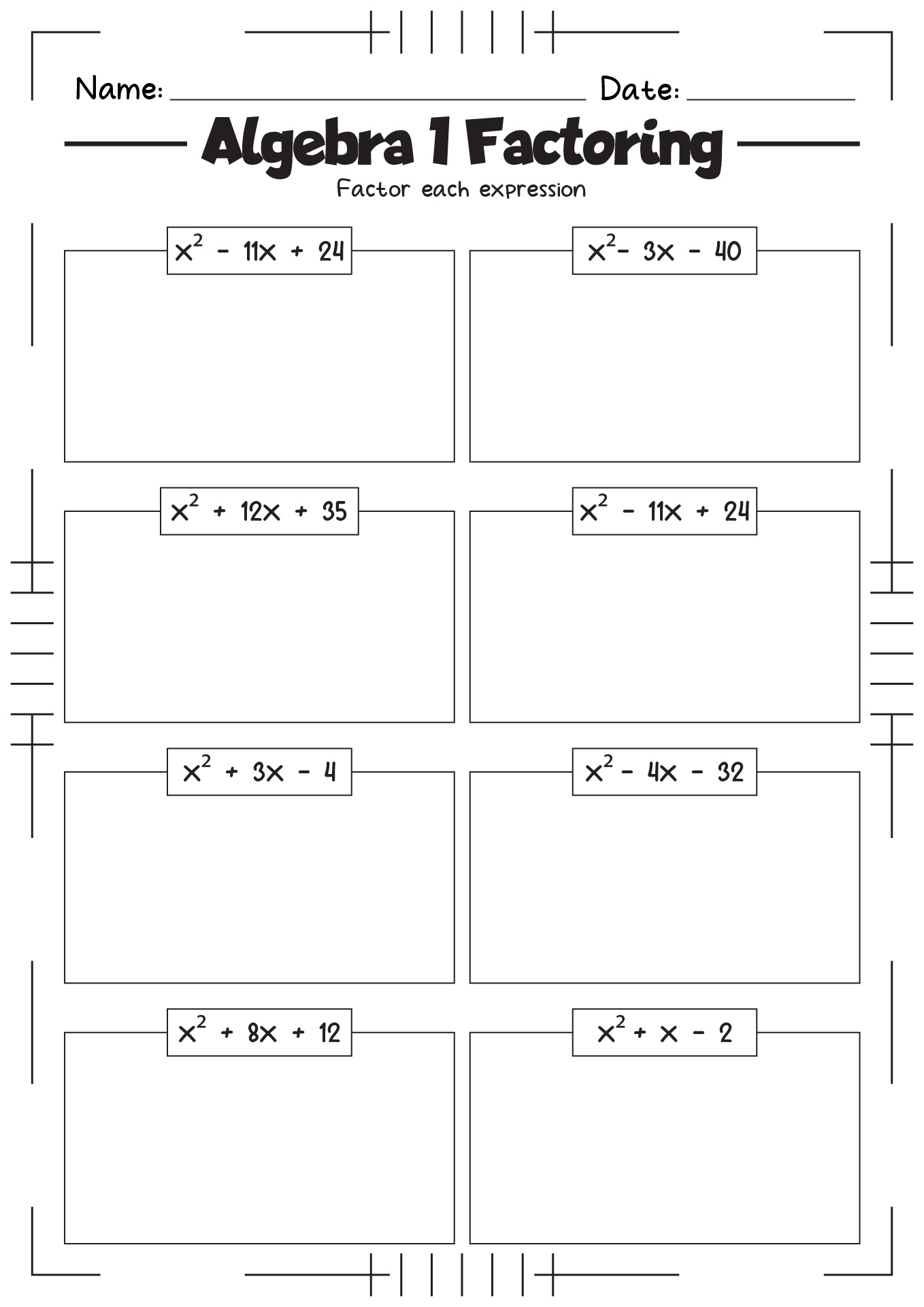 Factoring Quadratic Trinomials Worksheet