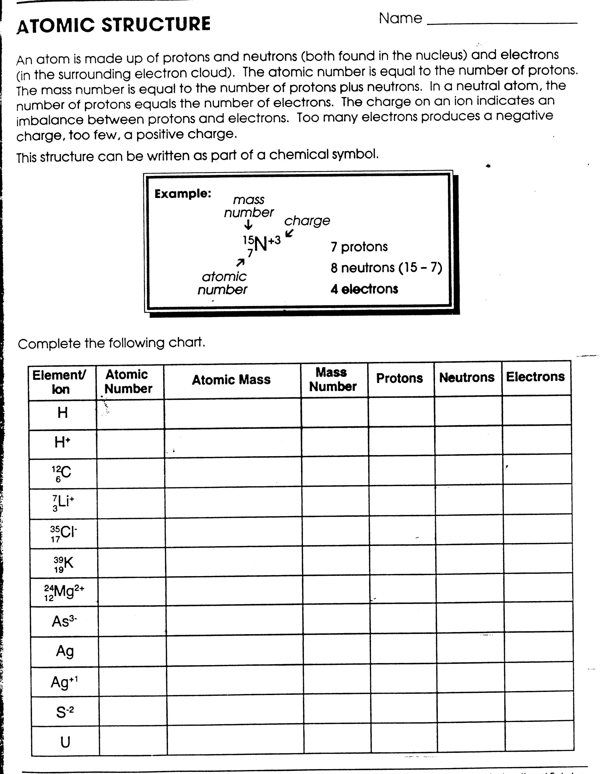 Atomic Structure Worksheet Answer Key