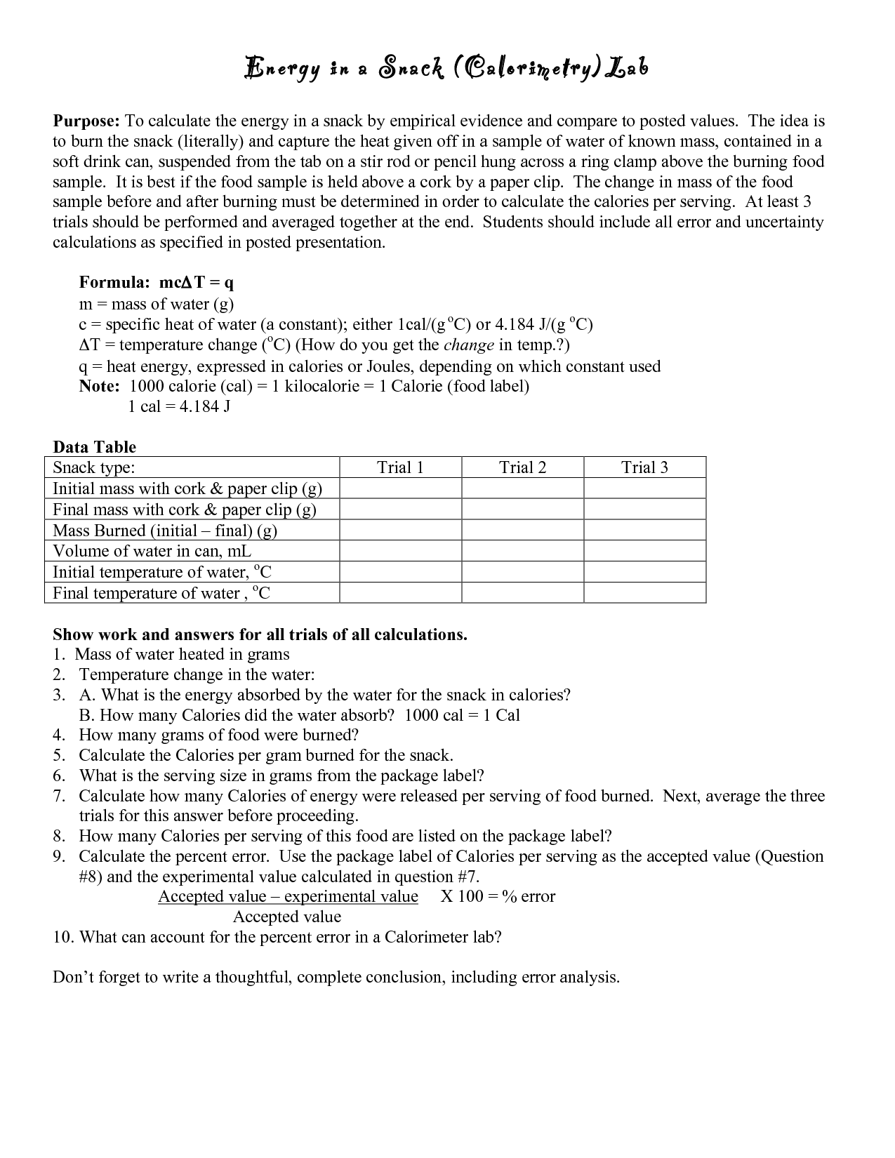 Specific Heat Worksheet Answer Key
