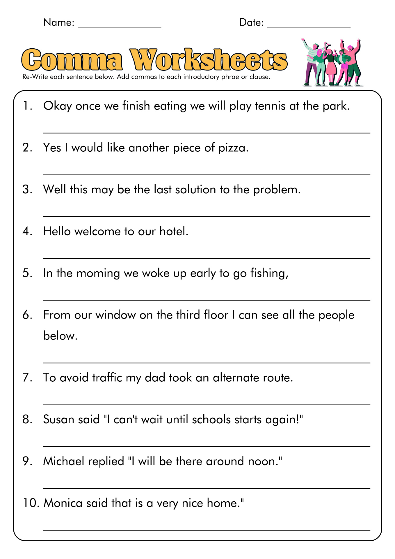 Commas Worksheet Answers