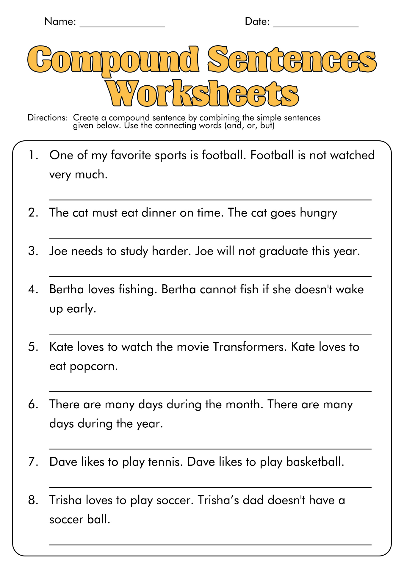 Compound Sentences 3rd Grade Worksheets