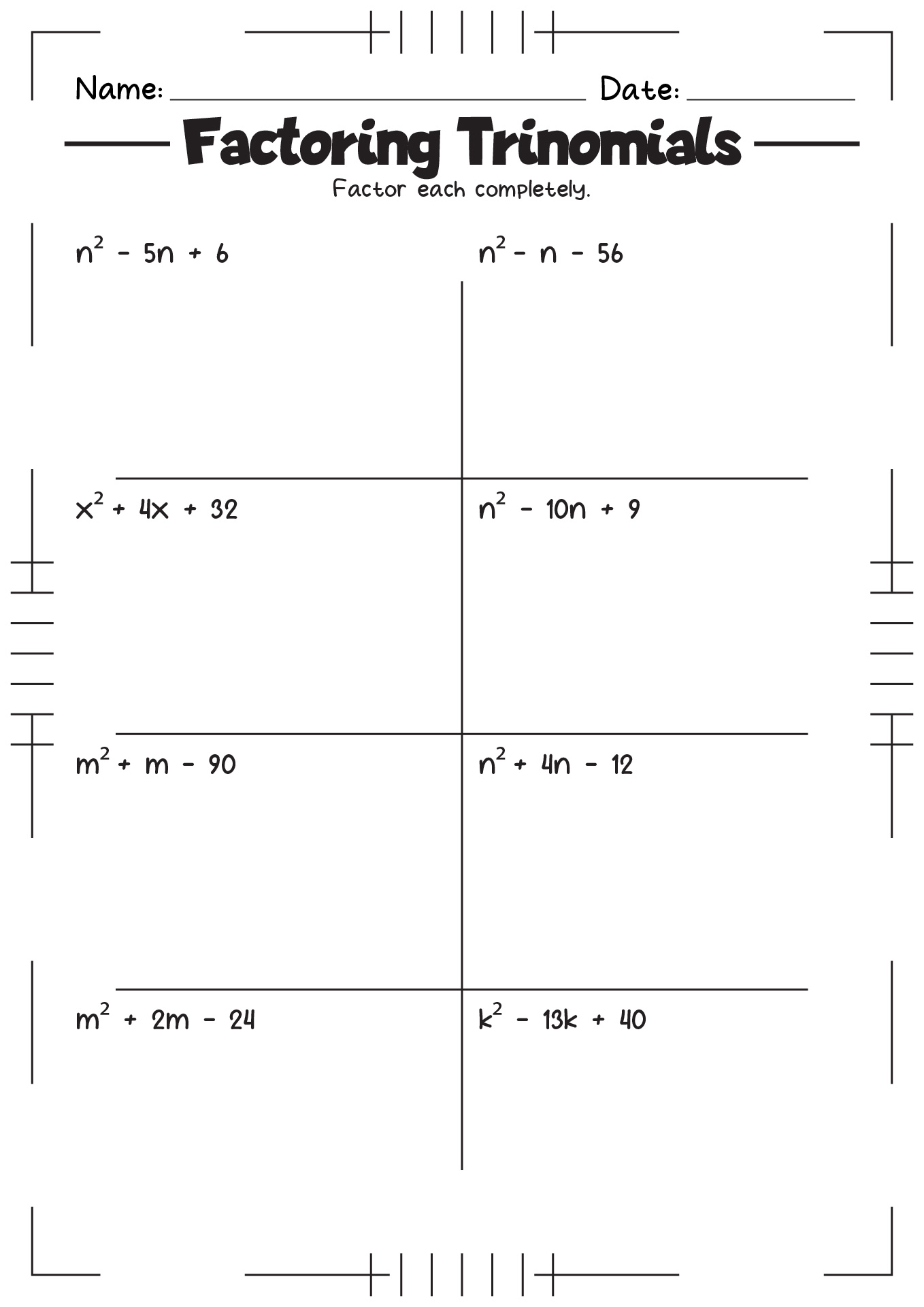 Factoring Worksheet Algebra 1