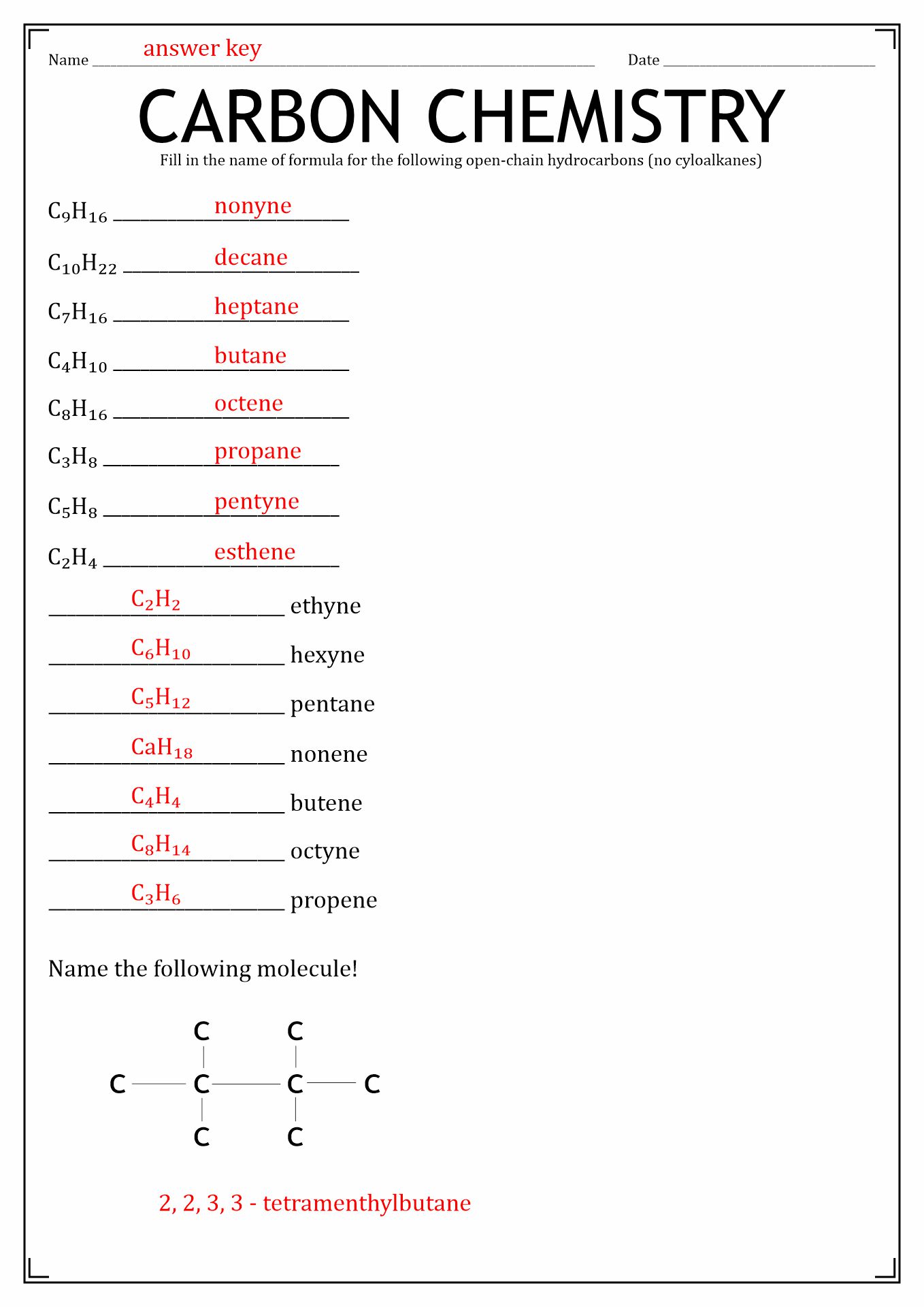 Organic Chemistry Nomenclature Worksheet With Answers  digitales Regarding Organic Chemistry Worksheet With Answers