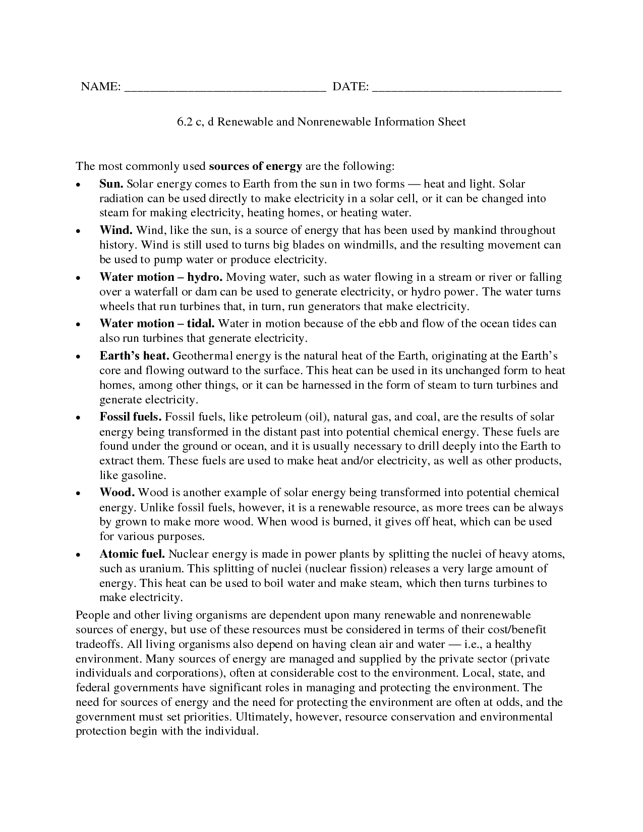 Renewables: Renewable And Nonrenewable Worksheet Answers