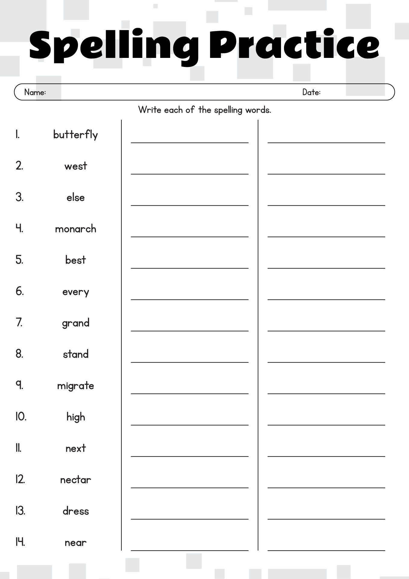 Free Printable Spelling Test Template 10 Words