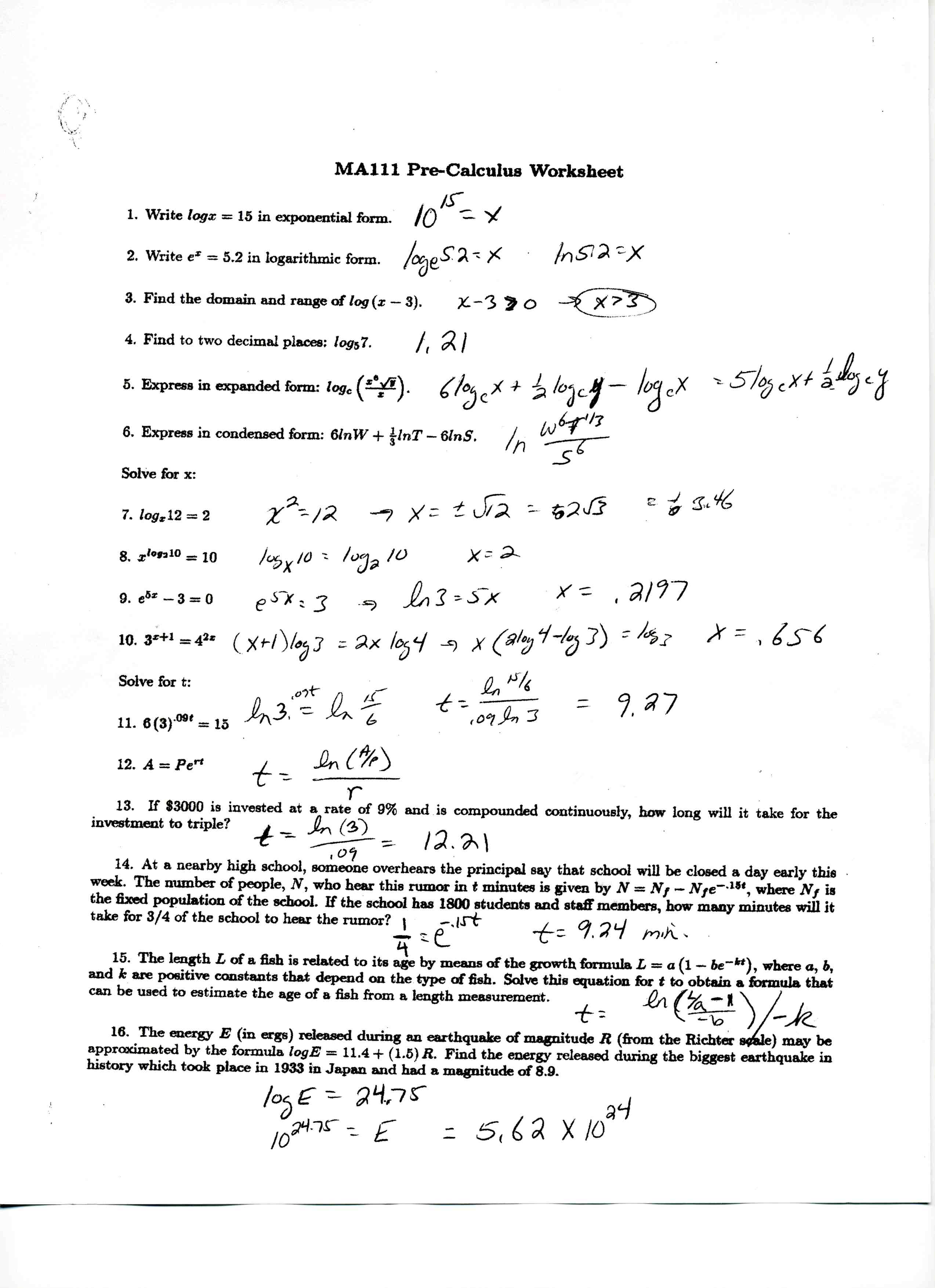 Calculus Worksheet with Answers