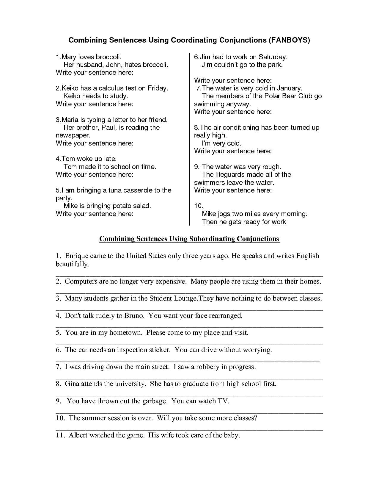 Combining Sentences Using Conjunctions Worksheet