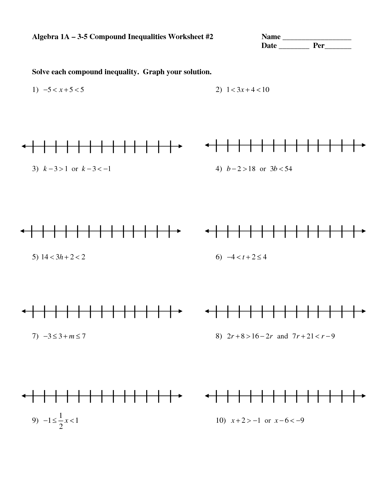 Algebra 1 Inequalities Worksheet