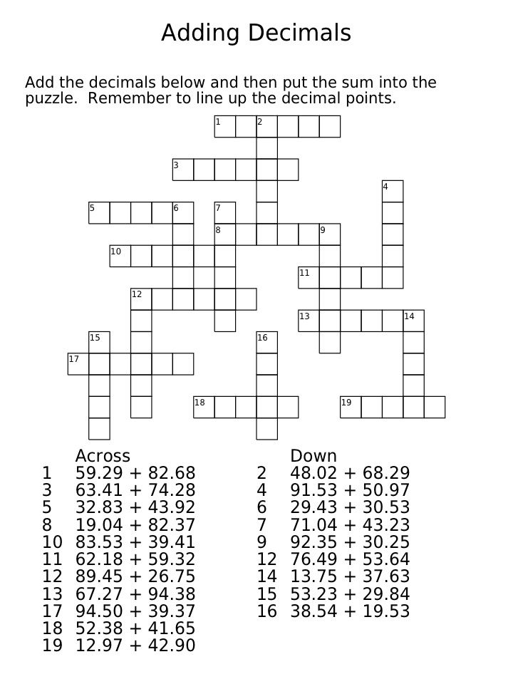 Decimal Crossword Puzzle