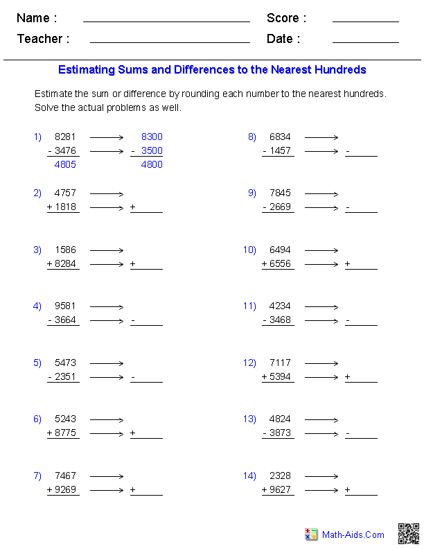 Estimating Sums and Differences Worksheet