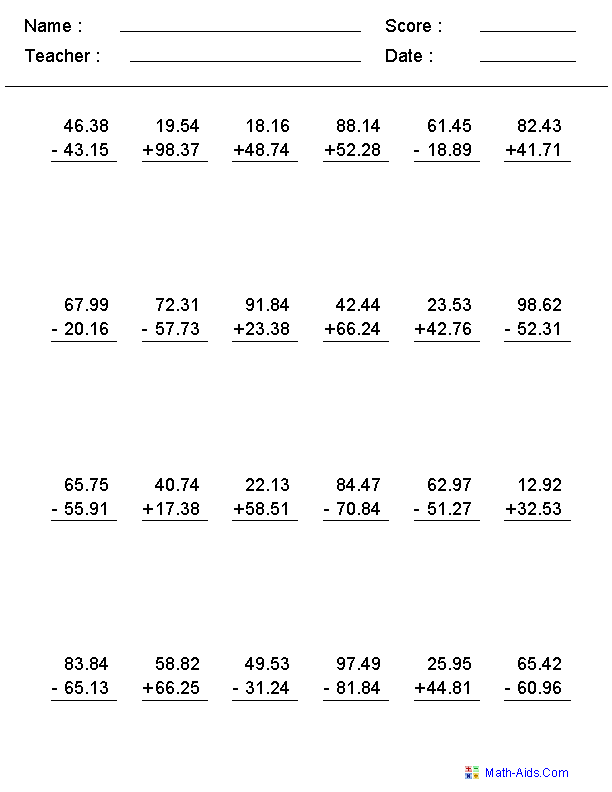 Math 100 Problem Worksheet Adding Subtracting Multiplication And Division