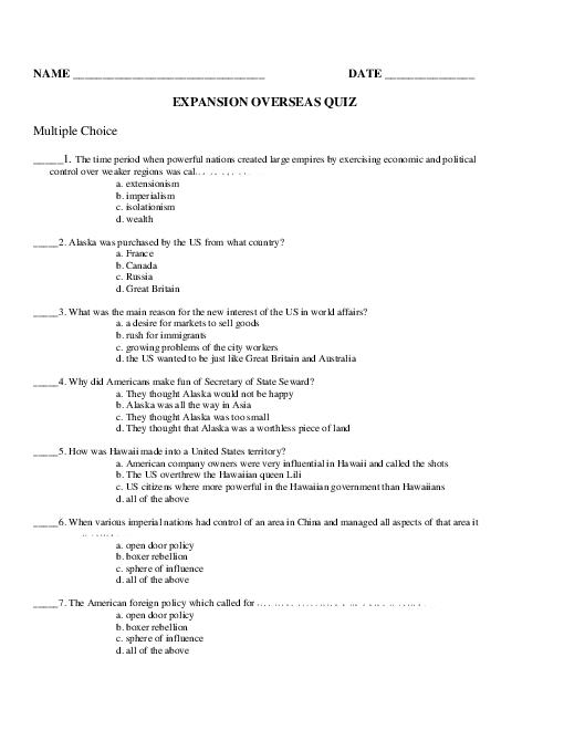 Spanish American War Worksheet