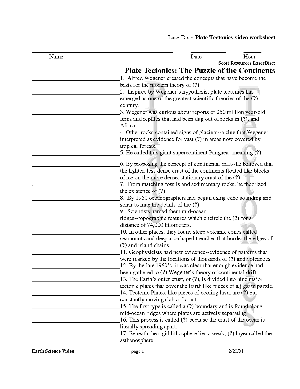 Plate Tectonics Worksheet Answers