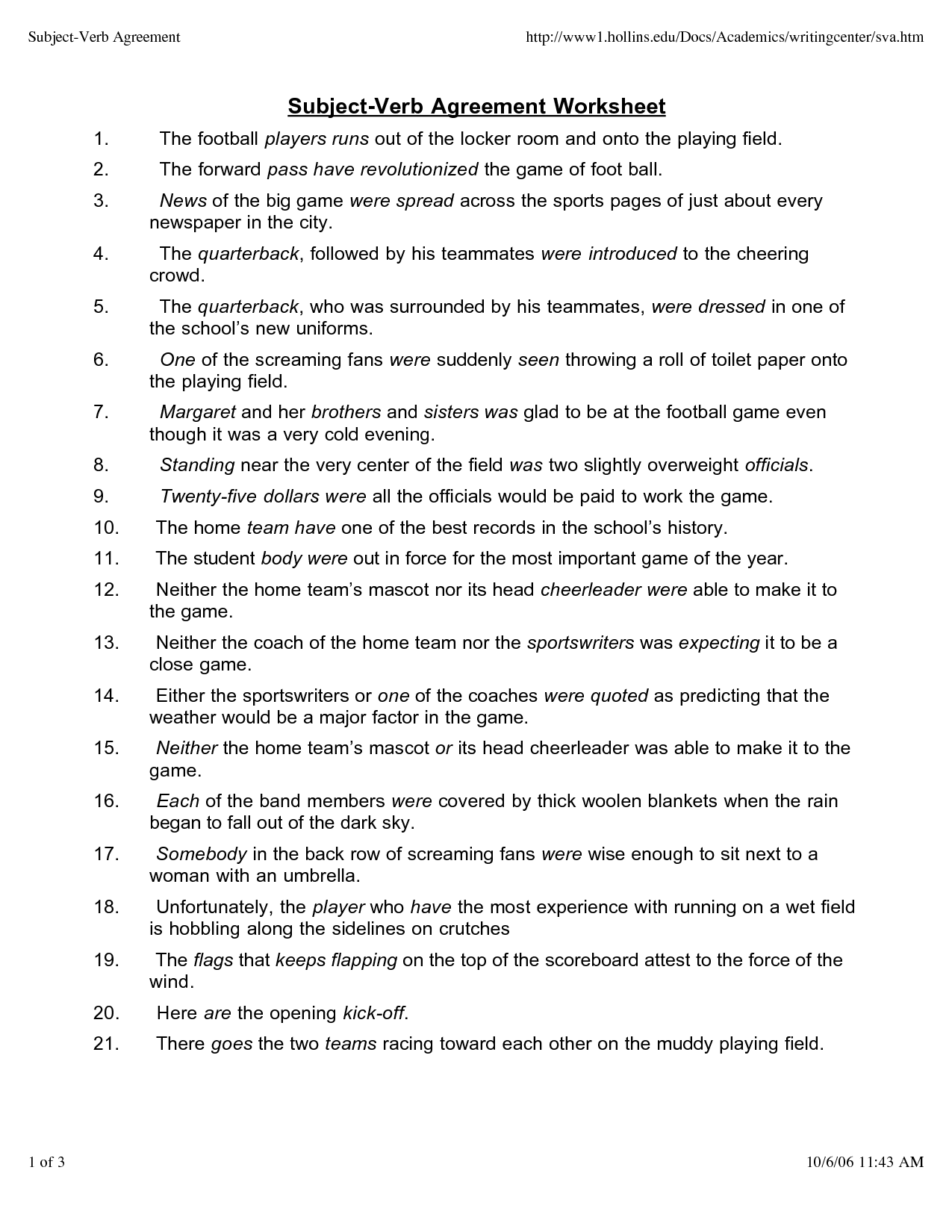 Subject Verb Agreement Worksheets Pdf