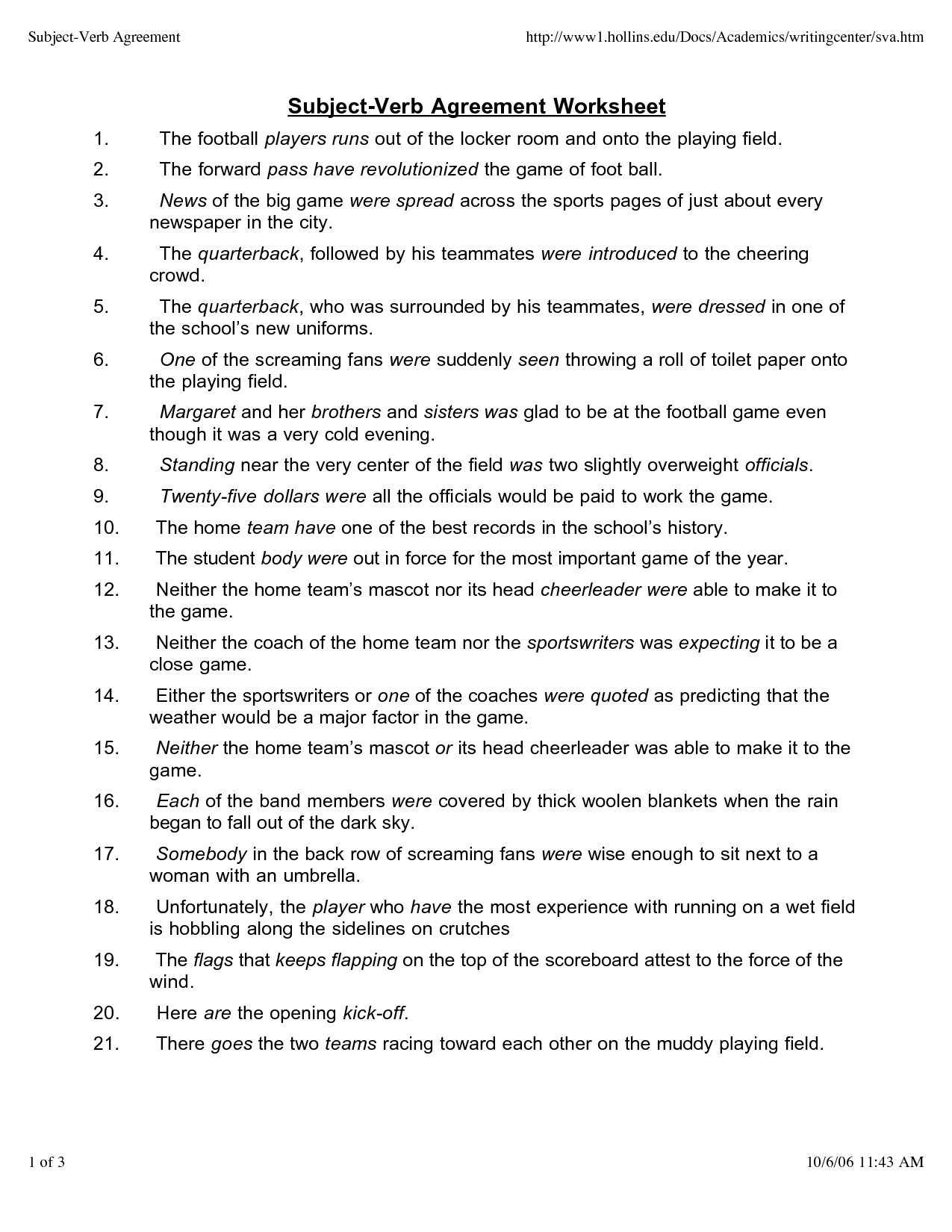 Agreement Of Subject And Verb Worksheets And Answers