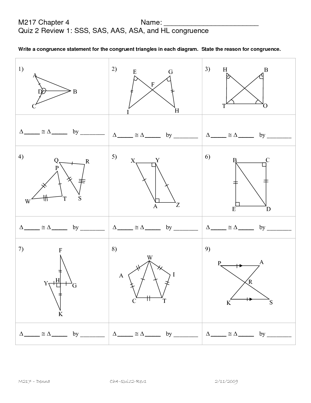 Triangle Congruence Worksheet