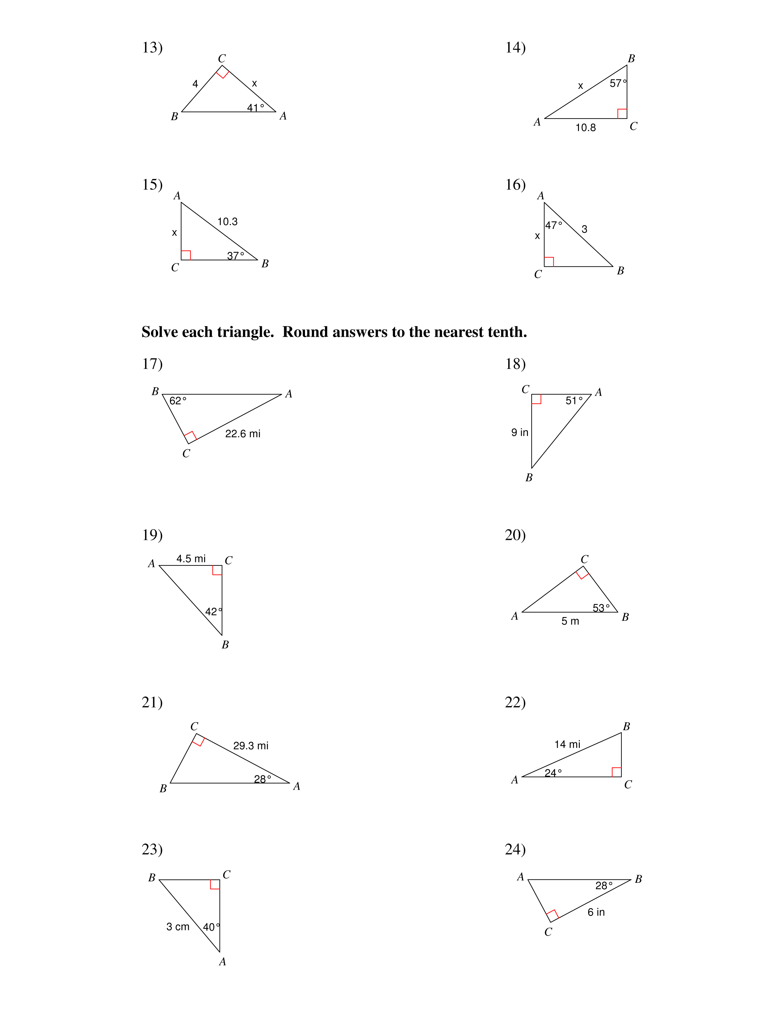 Trig Right Triangle Missing Angles Worksheet