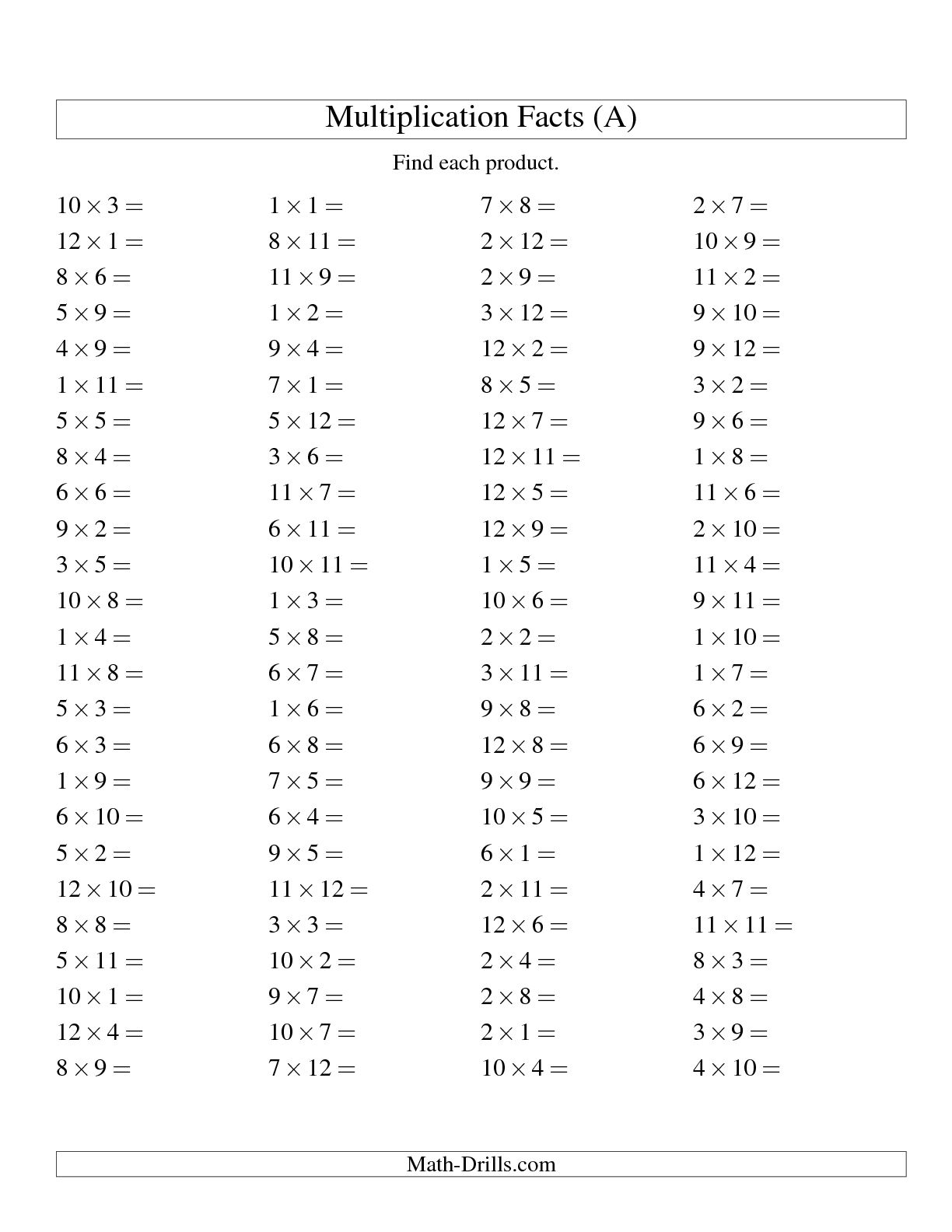 100 Math Facts Multiplication
