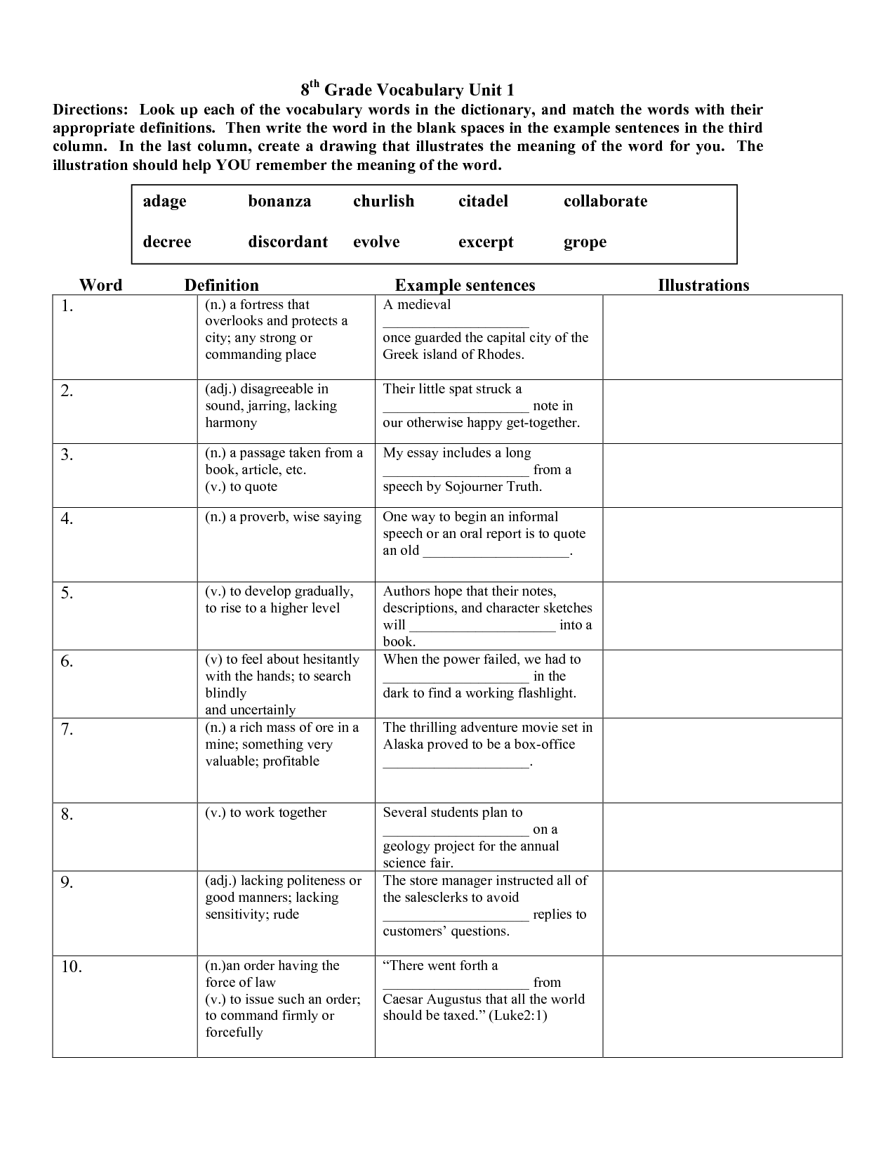 8th Grade Vocabulary Multiple Choice Worksheets