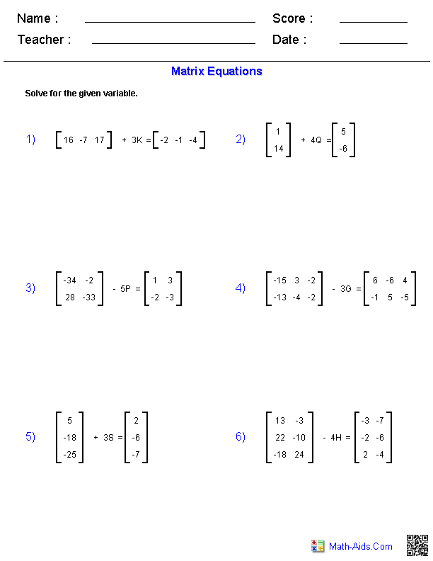 Algebra 2 Matrices Worksheets