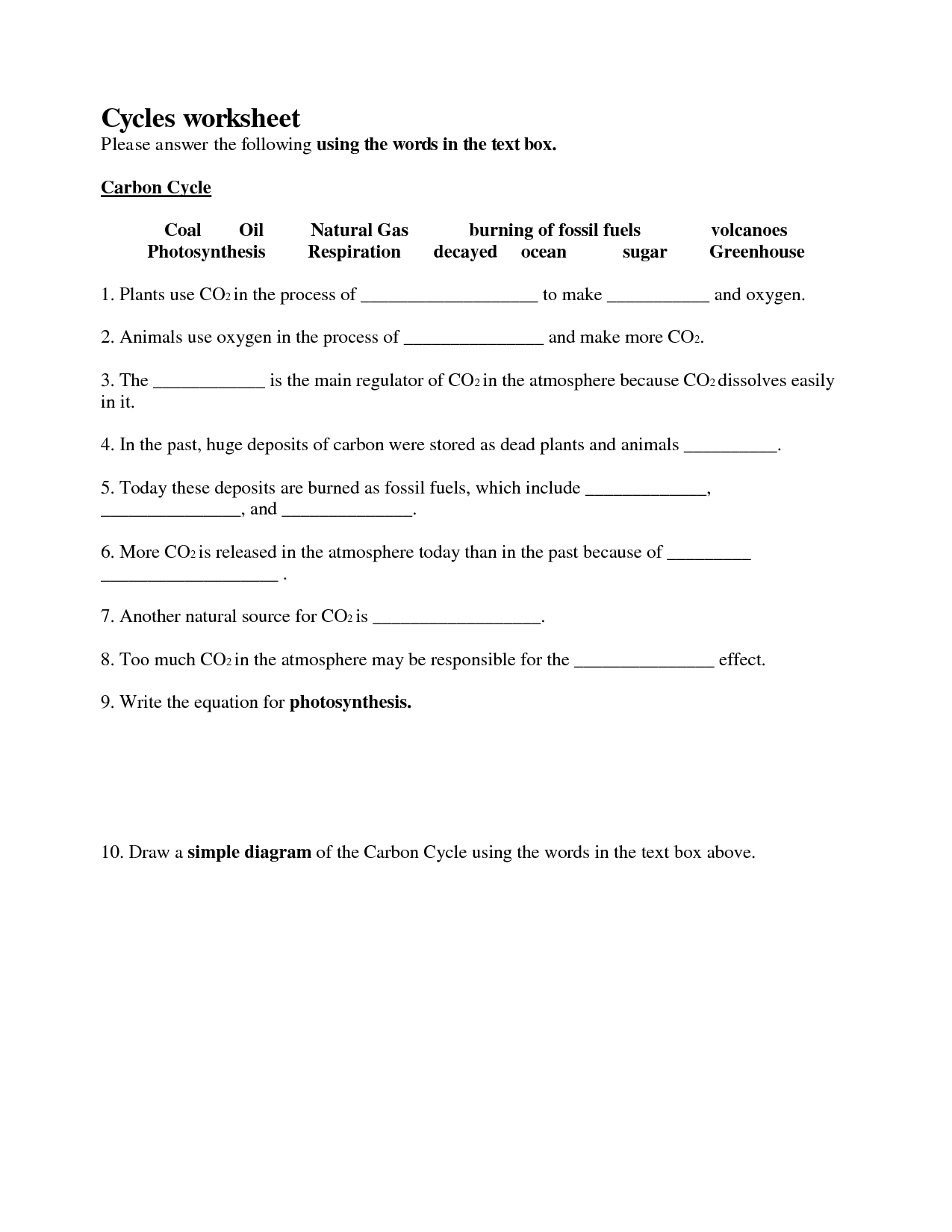 Carbon Cycle Worksheet Answers