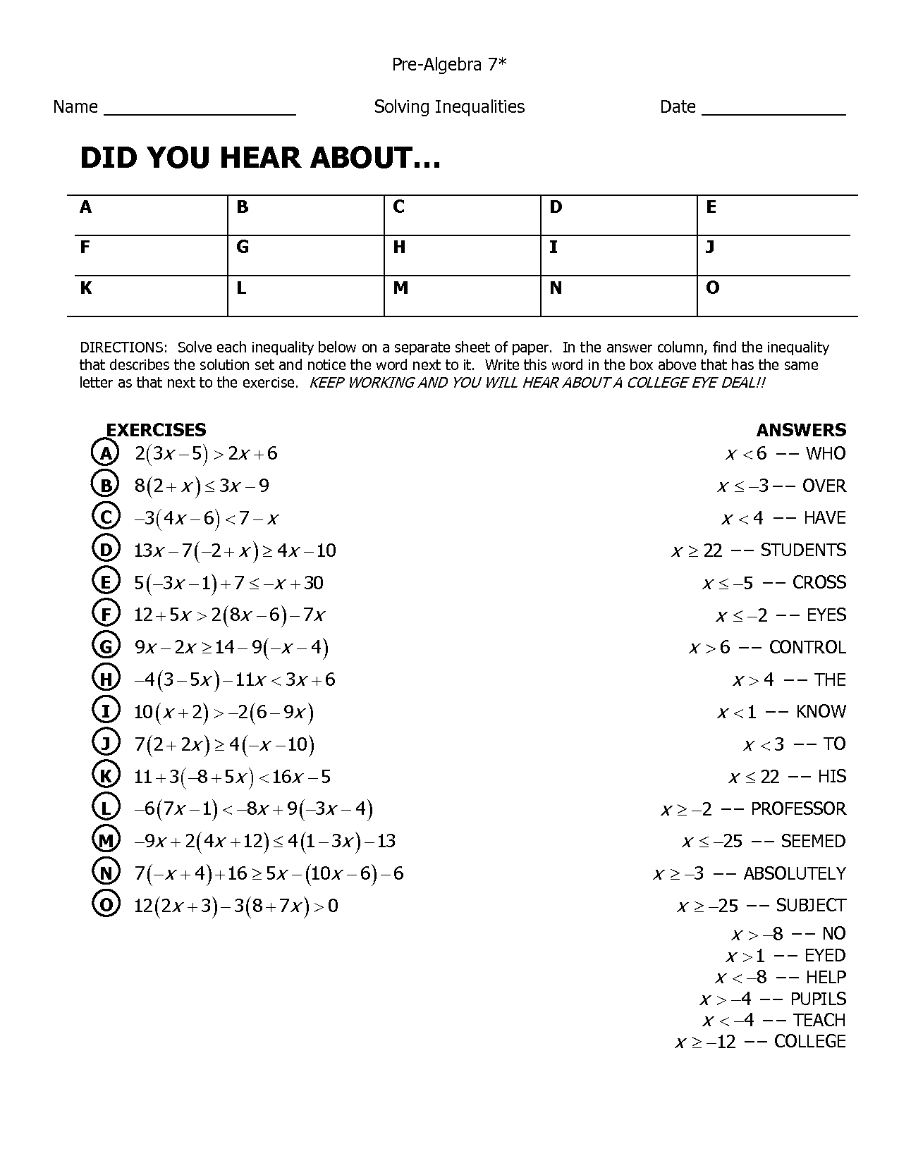 Did You Hear About Inequalities Worksheet Answers