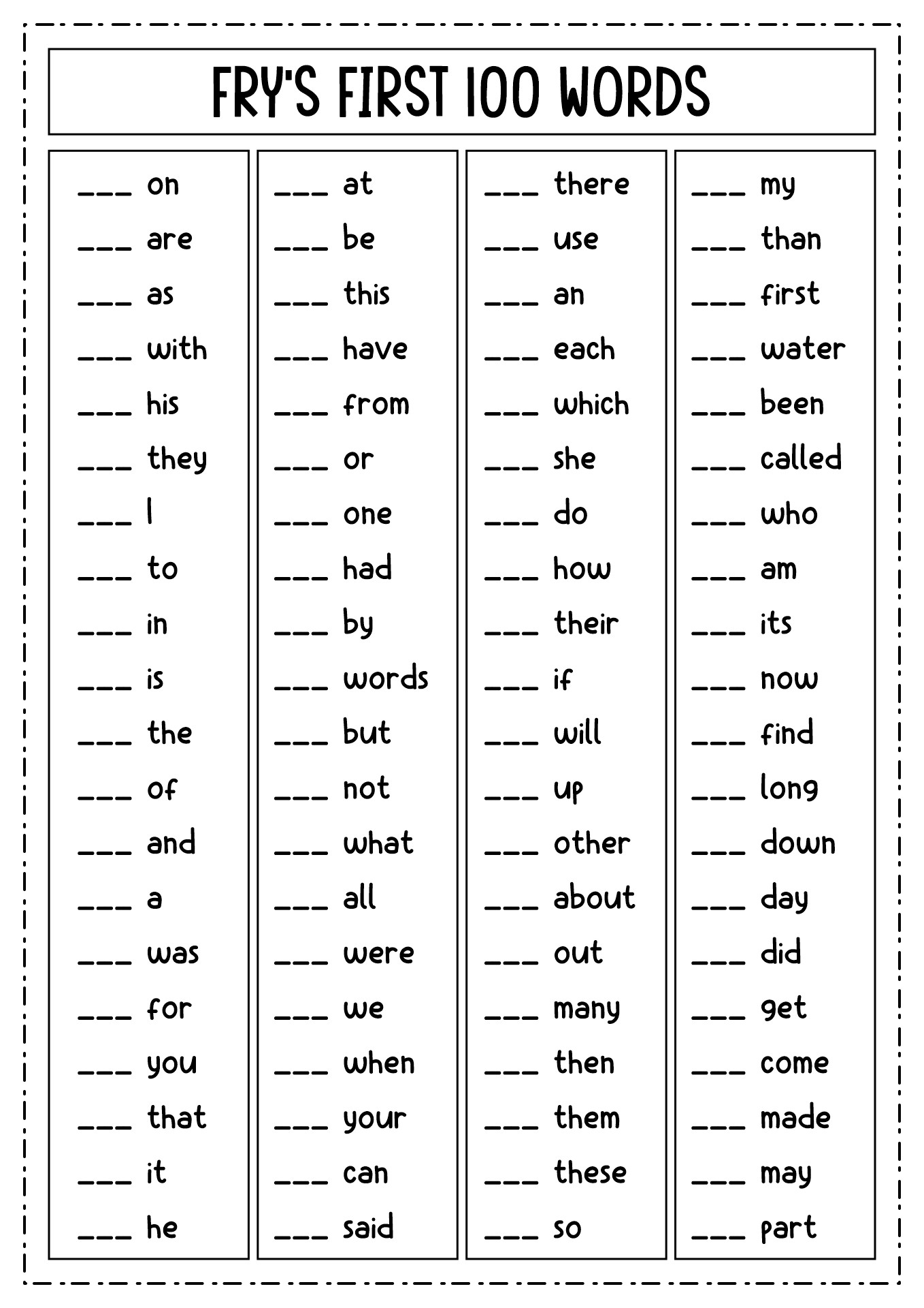 Free Printable Fry S First 100 Sight Words Flash Cards