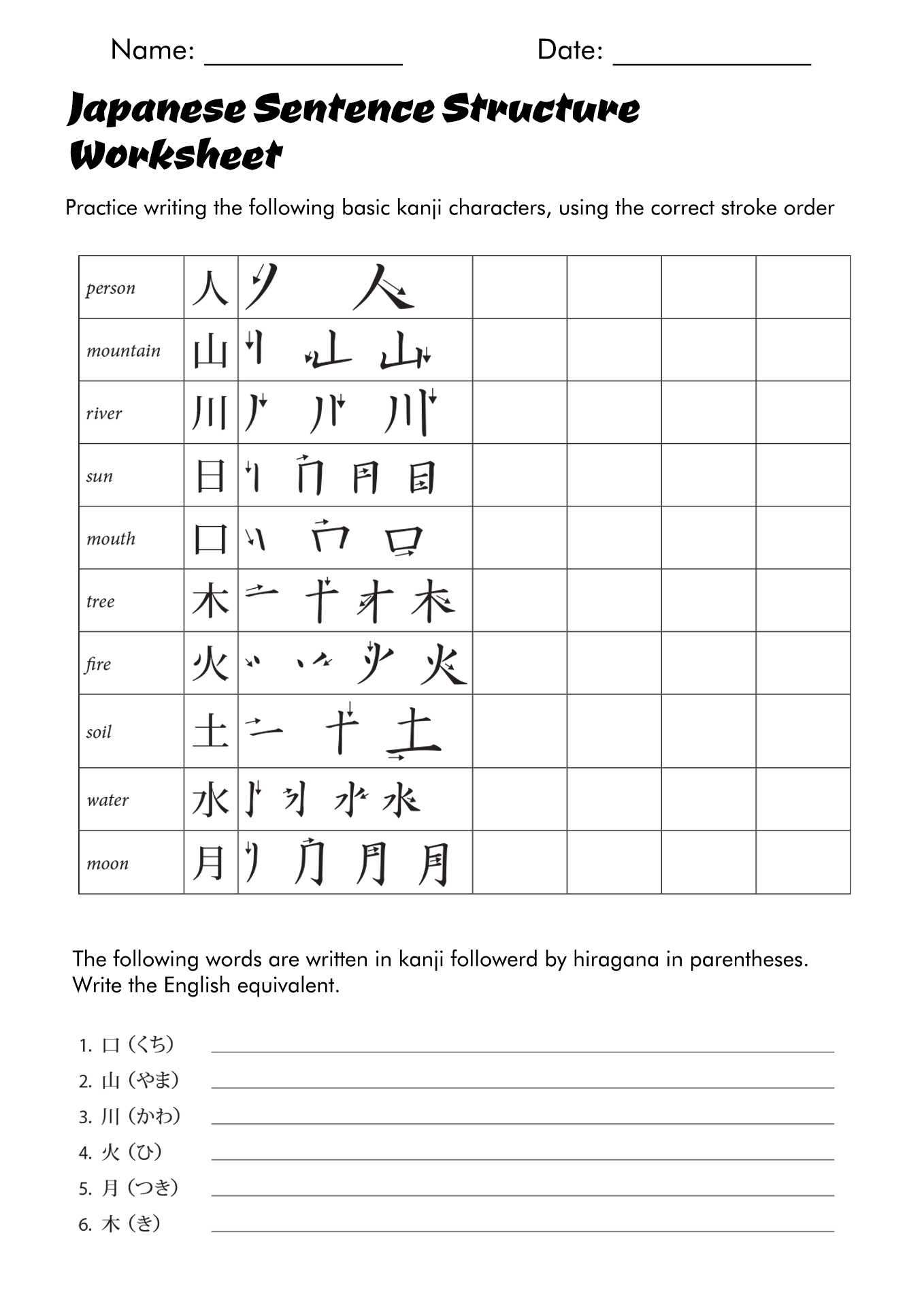 Japanese Sentence Structure Worksheets