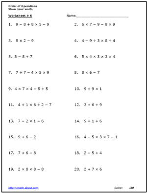 Order of Operations Worksheets 5th Grade Math