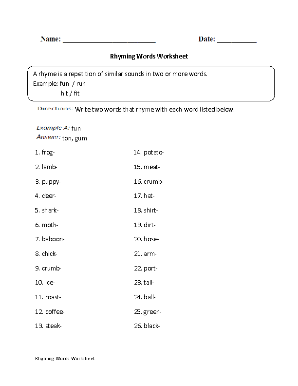 Rhyming Words Worksheets 2nd Grade
