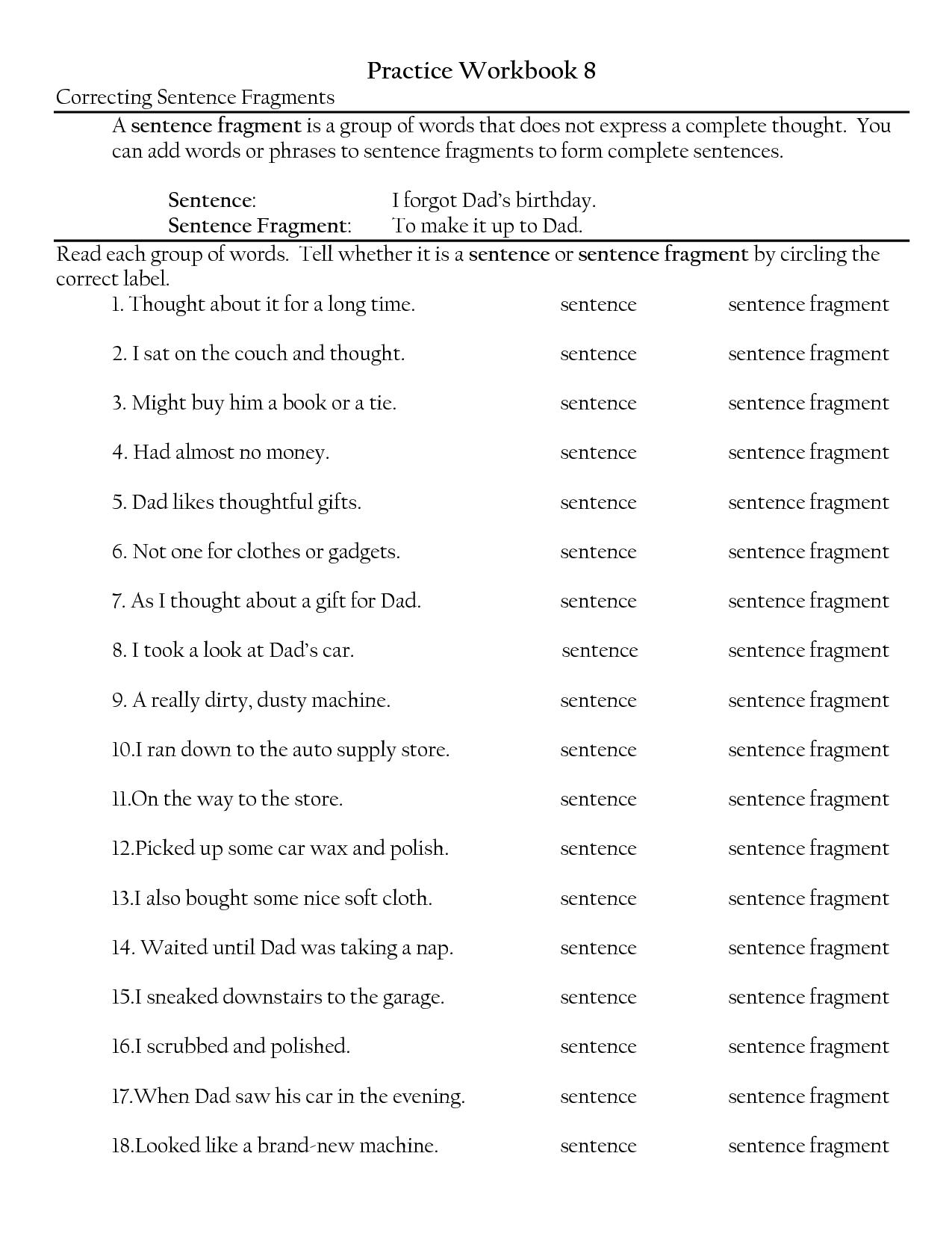 Sentences and Fragments Worksheets 3rd Grade