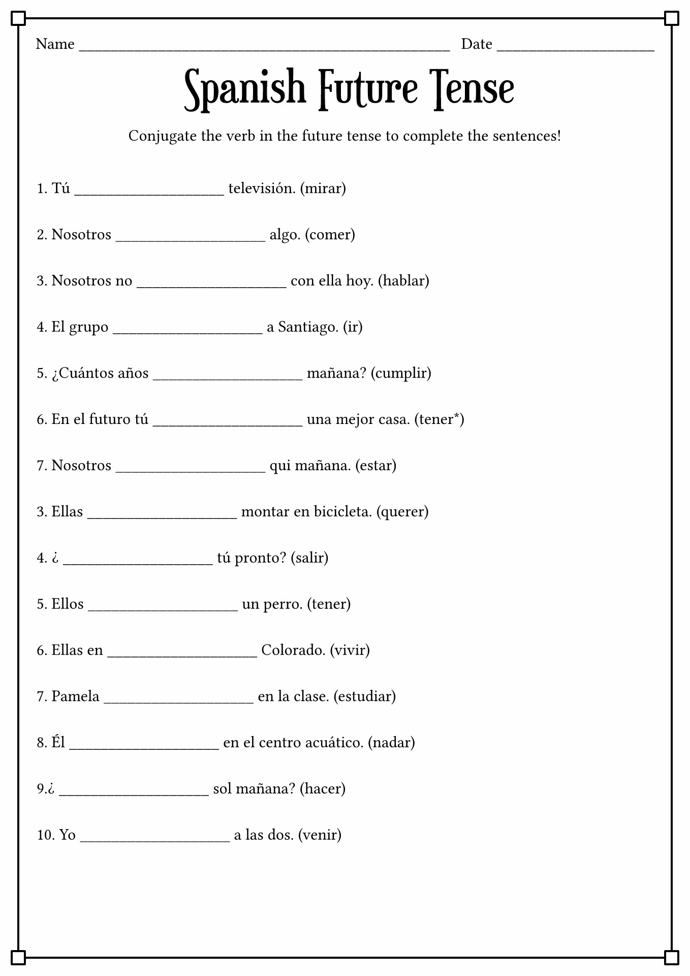 Worksheet Future Tense Spanish