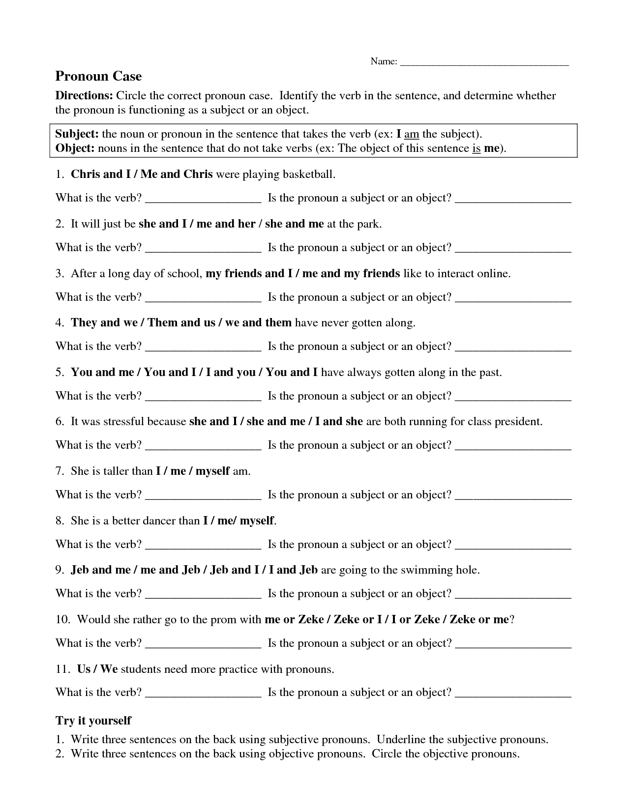 Personal Pronouns Objective Case Worksheets